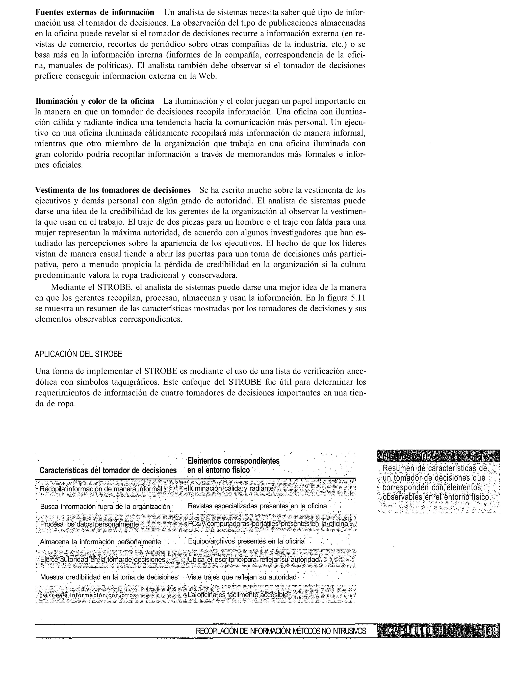 Fuentes externas de información Un analista de sistemas necesita saber qué tipo de infor-
mación usa el tomador de decisiones. La observación del tipo de publicaciones almacenadas
en la oficina puede revelar si el tomador de decisiones recurre a información externa (en re-
vistas de comercio, recortes de periódico sobre otras compañías de la industria, etc.) o se
basa más en la información interna (informes de la compañía, correspondencia de la ofici-
na, manuales de políticas). El analista también debe observar si el tomador de decisiones
prefiere conseguir información externa en la Web.

Iluminación y color de la oficina La iluminación y el color juegan un papel importante en
la manera en que un tomador de decisiones recopila información. Una oficina con ilumina-
ción cálida y radiante indica una tendencia hacia la comunicación más personal. Un ejecu-
tivo en una oficina iluminada cálidamente recopilará más información de manera informal,
mientras que otro miembro de la organización que trabaja en una oficina iluminada con
gran colorido podría recopilar información a través de memorandos más formales e infor-
mes oficiales.

Vestimenta de los tomadores de decisiones Se ha escrito mucho sobre la vestimenta de los
ejecutivos y demás personal con algún grado de autoridad. El analista de sistemas puede
darse una idea de la credibilidad de los gerentes de la organización al observar la vestimen-
ta que usan en el trabajo. El traje de dos piezas para un hombre o el traje con falda para una
mujer representan la máxima autoridad, de acuerdo con algunos investigadores que han es-
tudiado las percepciones sobre la apariencia de los ejecutivos. El hecho de que los líderes
vistan de manera casual tiende a abrir las puertas para una toma de decisiones más partici-
pativa, pero a menudo propicia la pérdida de credibilidad en la organización si la cultura
predominante valora la ropa tradicional y conservadora.
     Mediante el STROBE, el analista de sistemas puede darse una mejor idea de la manera
en que los gerentes recopilan, procesan, almacenan y usan la información. En la figura 5.11
se muestra un resumen de las características mostradas por los tomadores de decisiones y sus
elementos observables correspondientes.


APLICACIÓN DEL STROBE
Una forma de implementar el STROBE es mediante el uso de una lista de verificación anec-
dótica con símbolos taquigráficos. Este enfoque del STROBE fue útil para determinar los
requerimientos de información de cuatro tomadores de decisiones importantes en una tien-
da de ropa.




                                                            Elementos correspondientes
 Características del tomador de decisiones                  en el entorno físico                                    Resumen de características de
                                                                                                                    un tomador de decisiones que
 Recopila información de manera informal •                  Iluminación cálida y radiante                           corresponden con elementos
                                                                                                                    observables en el entorno físico.
 Busca información fuera de la organización                 Revistas especializadas presentes en la oficina

 Procesa los datos personalmente                            PCs y computadoras portátiles presentes en la oficina

 Almacena la información personalmente                      Equipo/archivos presentes en la oficina

 Ejerce autoridad en la toma de decisiones                  Ubica el escritorio para reflejar su autoridad

 Muestra credibilidad en la toma de decisiones              Viste trajes que reflejan su autoridad

 (:•••'•:•:-•••!••: i n f o r m a c i ó n c o n o t r o s   La oficina es fácilmente accesible




                                                               RECOPILACIÓN DE INFORMACIÓN: MÉTODOS NO INTRUSIVOS    CAPÍTULO 5
 
