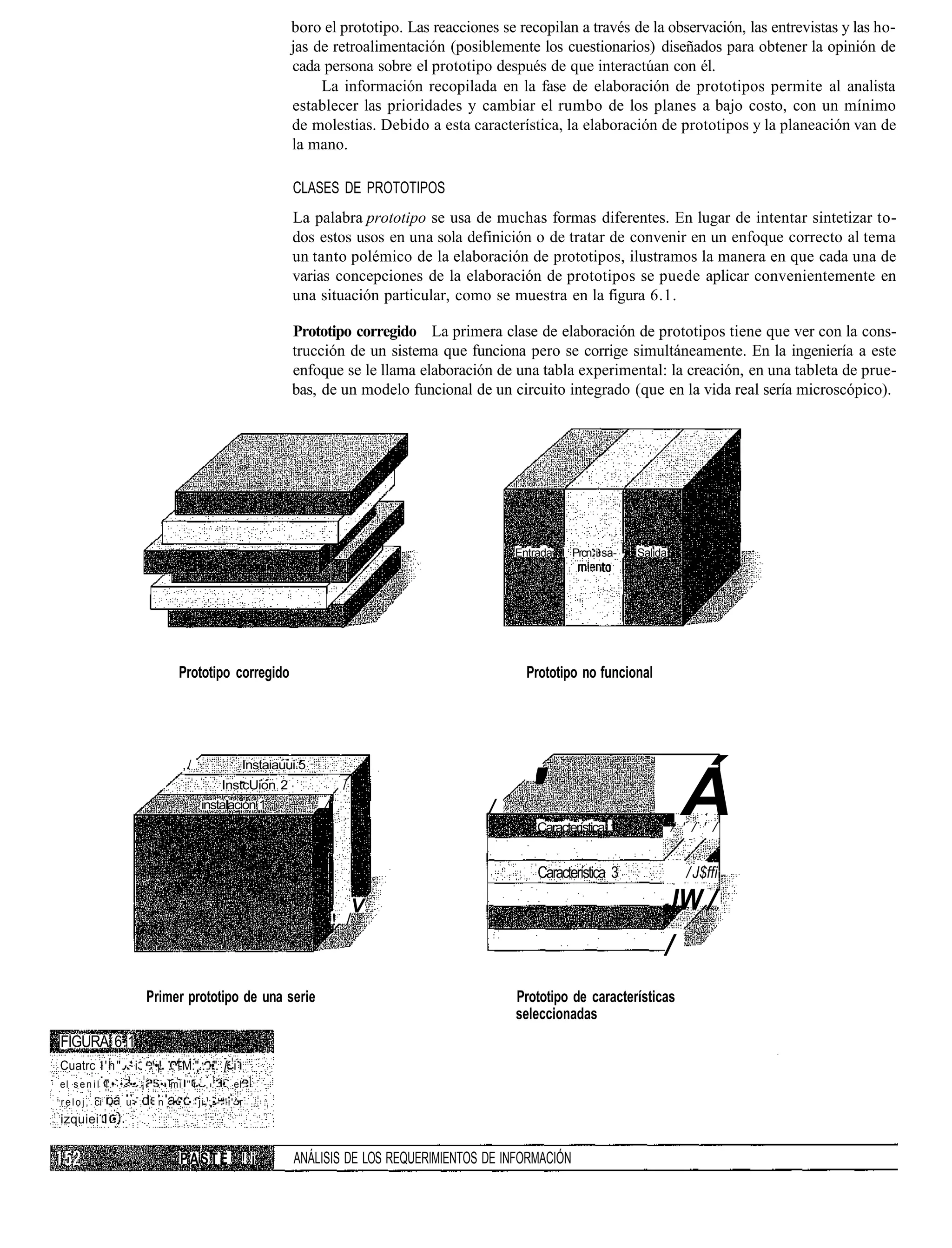boro el prototipo. Las reacciones se recopilan a través de la observación, las entrevistas y las ho-
                                                                    jas de retroalimentación (posiblemente los cuestionarios) diseñados para obtener la opinión de
                                                                    cada persona sobre el prototipo después de que interactúan con él.
                                                                         La información recopilada en la fase de elaboración de prototipos permite al analista
                                                                    establecer las prioridades y cambiar el rumbo de los planes a bajo costo, con un mínimo
                                                                    de molestias. Debido a esta característica, la elaboración de prototipos y la planeación van de
                                                                    la mano.

                                                                    CLASES DE PROTOTIPOS
                                                                    La palabra prototipo se usa de muchas formas diferentes. En lugar de intentar sintetizar to-
                                                                    dos estos usos en una sola definición o de tratar de convenir en un enfoque correcto al tema
                                                                    un tanto polémico de la elaboración de prototipos, ilustramos la manera en que cada una de
                                                                    varias concepciones de la elaboración de prototipos se puede aplicar convenientemente en
                                                                    una situación particular, como se muestra en la figura 6.1.

                                                                    Prototipo corregido La primera clase de elaboración de prototipos tiene que ver con la cons-
                                                                    trucción de un sistema que funciona pero se corrige simultáneamente. En la ingeniería a este
                                                                    enfoque se le llama elaboración de una tabla experimental: la creación, en una tableta de prue-
                                                                    bas, de un modelo funcional de un circuito integrado (que en la vida real sería microscópico).




                                                                                                         Entrada I Prcn i sa- ,   Salida




                                    Prototipo corregido                                                    Prototipo no funcional




                                     ,/                    Instaiauui.5
                              .                     InstcUion 2
                                            instalación 1
                                                 l                        /
                                                                               /
                                                                                                    /      ' Característica 1
                                                                                                                                            Á
                                                                                                                                           / ' / ' /


                                                                                                             Característica 3                 / J$ffi

                                                                                   V                                                   JW /
                                                                              ! /
                                                                                                                                       /
                         Primer prototipo de una serie                                                   Prototipo de características
                                                                                                         seleccionadas
FIGURA 6.1
Cuatrc l ' h " . ' i . '•! . '-M:".. •". [ !i
                                           1
el s e n i l !'.• •.<•• ¡.   • mi " i          , . •. el.
r e l o j , ci ,   u>        n •'• • j i . : • - " ' i ' ^ r
izquiei I •


                                    PASTE ! i                       ANÁLISIS DE LOS REQUERIMIENTOS DE INFORMACIÓN
 