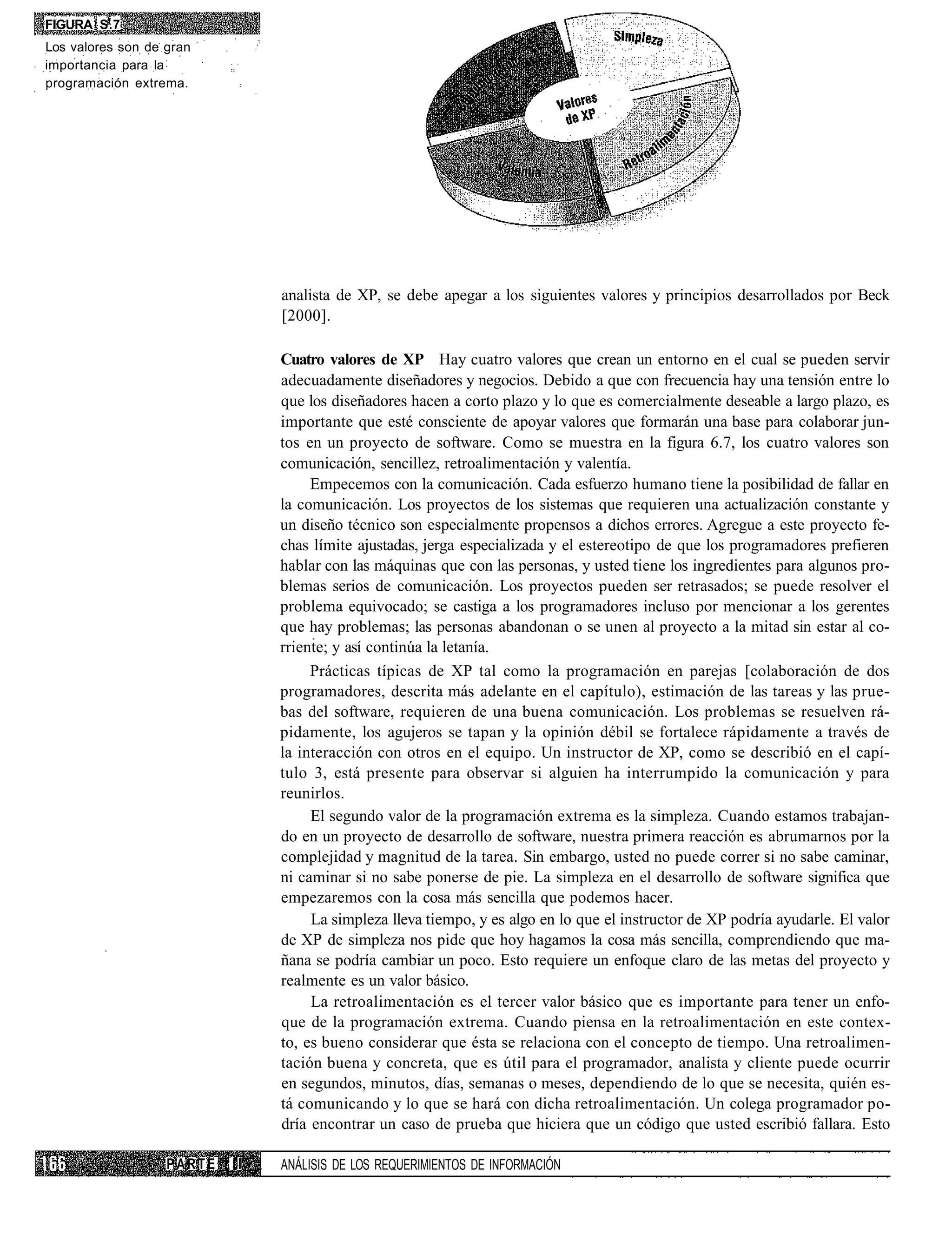 FIGURA S.7
Los valores son de gran
importancia para la
programación extrema.




                                analista de XP, se debe apegar a los siguientes valores y principios desarrollados por Beck
                                [2000].

                                Cuatro valores de XP Hay cuatro valores que crean un entorno en el cual se pueden servir
                                adecuadamente diseñadores y negocios. Debido a que con frecuencia hay una tensión entre lo
                                que los diseñadores hacen a corto plazo y lo que es comercialmente deseable a largo plazo, es
                                importante que esté consciente de apoyar valores que formarán una base para colaborar jun-
                                tos en un proyecto de software. Como se muestra en la figura 6.7, los cuatro valores son
                                comunicación, sencillez, retroalimentación y valentía.
                                     Empecemos con la comunicación. Cada esfuerzo humano tiene la posibilidad de fallar en
                                la comunicación. Los proyectos de los sistemas que requieren una actualización constante y
                                un diseño técnico son especialmente propensos a dichos errores. Agregue a este proyecto fe-
                                chas límite ajustadas, jerga especializada y el estereotipo de que los programadores prefieren
                                hablar con las máquinas que con las personas, y usted tiene los ingredientes para algunos pro-
                                blemas serios de comunicación. Los proyectos pueden ser retrasados; se puede resolver el
                                problema equivocado; se castiga a los programadores incluso por mencionar a los gerentes
                                que hay problemas; las personas abandonan o se unen al proyecto a la mitad sin estar al co-
                                rriente; y así continúa la letanía.
                                     Prácticas típicas de XP tal como la programación en parejas [colaboración de dos
                                programadores, descrita más adelante en el capítulo), estimación de las tareas y las prue-
                                bas del software, requieren de una buena comunicación. Los problemas se resuelven rá-
                                pidamente, los agujeros se tapan y la opinión débil se fortalece rápidamente a través de
                                la interacción con otros en el equipo. Un instructor de XP, como se describió en el capí-
                                tulo 3, está presente para observar si alguien ha interrumpido la comunicación y para
                                reunirlos.
                                     El segundo valor de la programación extrema es la simpleza. Cuando estamos trabajan-
                                do en un proyecto de desarrollo de software, nuestra primera reacción es abrumarnos por la
                                complejidad y magnitud de la tarea. Sin embargo, usted no puede correr si no sabe caminar,
                                ni caminar si no sabe ponerse de pie. La simpleza en el desarrollo de software significa que
                                empezaremos con la cosa más sencilla que podemos hacer.
                                     La simpleza lleva tiempo, y es algo en lo que el instructor de XP podría ayudarle. El valor
                                de XP de simpleza nos pide que hoy hagamos la cosa más sencilla, comprendiendo que ma-
                                ñana se podría cambiar un poco. Esto requiere un enfoque claro de las metas del proyecto y
                                realmente es un valor básico.
                                     La retroalimentación es el tercer valor básico que es importante para tener un enfo-
                                que de la programación extrema. Cuando piensa en la retroalimentación en este contex-
                                to, es bueno considerar que ésta se relaciona con el concepto de tiempo. Una retroalimen-
                                tación buena y concreta, que es útil para el programador, analista y cliente puede ocurrir
                                en segundos, minutos, días, semanas o meses, dependiendo de lo que se necesita, quién es-
                                tá comunicando y lo que se hará con dicha retroalimentación. Un colega programador po-
                                dría encontrar un caso de prueba que hiciera que un código que usted escribió fallara. Esto

                   PARTE   II   ANÁLISIS DE LOS REQUERIMIENTOS DE INFORMACIÓN
 