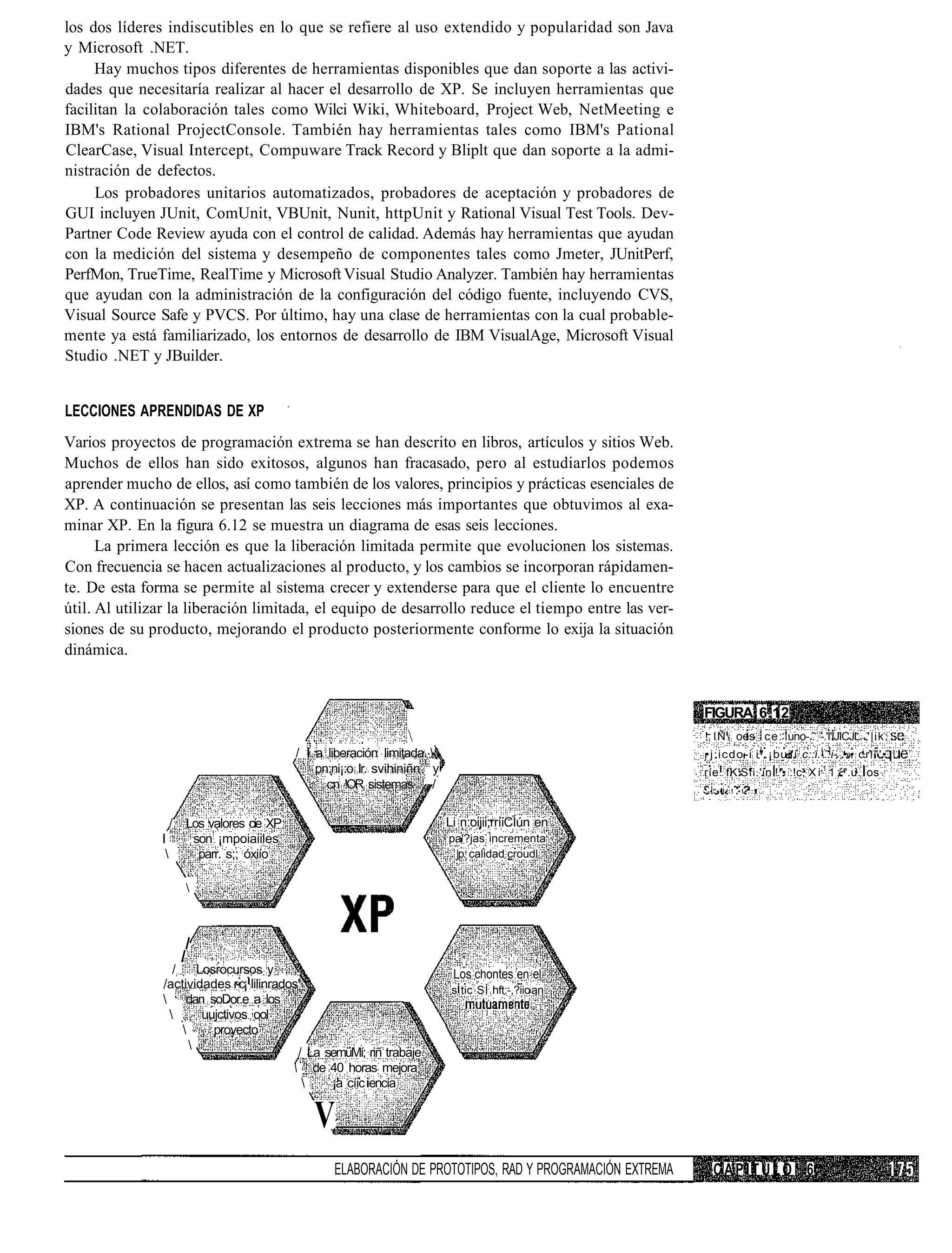 los dos líderes indiscutibles en lo que se refiere al uso extendido y popularidad son Java
y Microsoft .NET.
     Hay muchos tipos diferentes de herramientas disponibles que dan soporte a las activi-
dades que necesitaría realizar al hacer el desarrollo de XP. Se incluyen herramientas que
facilitan la colaboración tales como Wilci Wiki, Whiteboard, Project Web, NetMeeting e
IBM's Rational ProjectConsole. También hay herramientas tales como IBM's Pational
ClearCase, Visual Intercept, Compuware Track Record y Bliplt que dan soporte a la admi-
nistración de defectos.
     Los probadores unitarios automatizados, probadores de aceptación y probadores de
GUI incluyen JUnit, ComUnit, VBUnit, Nunit, httpUnit y Rational Visual Test Tools. Dev-
Partner Code Review ayuda con el control de calidad. Además hay herramientas que ayudan
con la medición del sistema y desempeño de componentes tales como Jmeter, JUnitPerf,
PerfMon, TrueTime, RealTime y Microsoft Visual Studio Analyzer. También hay herramientas
que ayudan con la administración de la configuración del código fuente, incluyendo CVS,
Visual Source Safe y PVCS. Por último, hay una clase de herramientas con la cual probable-
mente ya está familiarizado, los entornos de desarrollo de IBM VisualAge, Microsoft Visual
Studio .NET y JBuilder.


LECCIONES APRENDIDAS DE XP
Varios proyectos de programación extrema se han descrito en libros, artículos y sitios Web.
Muchos de ellos han sido exitosos, algunos han fracasado, pero al estudiarlos podemos
aprender mucho de ellos, así como también de los valores, principios y prácticas esenciales de
XP. A continuación se presentan las seis lecciones más importantes que obtuvimos al exa-
minar XP. En la figura 6.12 se muestra un diagrama de esas seis lecciones.
      La primera lección es que la liberación limitada permite que evolucionen los sistemas.
Con frecuencia se hacen actualizaciones al producto, y los cambios se incorporan rápidamen-
te. De esta forma se permite al sistema crecer y extenderse para que el cliente lo encuentre
útil. Al utilizar la liberación limitada, el equipo de desarrollo reduce el tiempo entre las ver-
siones de su producto, mejorando el producto posteriormente conforme lo exija la situación
dinámica.


                                                                                                             FIGURA 6.12
                                                                                                            ! IÑ oes ce: uno-.. -.'I'ÍJICJL. '|ik:
                                              / I a liberación limitada                                     •j:icdo-i i".¡bui'i c::i...i- .•»• c.r "'•
                                                  pn:ni¡:o Ir. svihiniñn y                                   ríe. fK'Sfi.'in !."• :!c, X i 1 1 ; ".u. os
                                                    c:n !OR sistemas /                                       -•"••!•:! • ! • . : " .




                    /    Los valores cíe XP                                  Li n:oijii;rríiCÍún en
               I          son ¡mpoiaiiles                                    pa'?jas incrementa
                          parr. s;; óxiío                                    |p. calidad croudl


                         



                         /
                        /
                 /     Losrocursos y                                          Los chontes en el
               /actividades r-c¡ lilinrados'                                  s tic SÍ hft:-,?iic:an
                dan soDor.e a los
                       uujctivos ool
                         proyecto
                     
                                           / La semüMí; riñ trabaje
                                           de 40 horas mejora
                                                ¡a cíic encía


                                                 V
                                                     ELABORACIÓN DE PROTOTIPOS, RAD Y PROGRAMACIÓN EXTREMA     CAPITULO 6
 