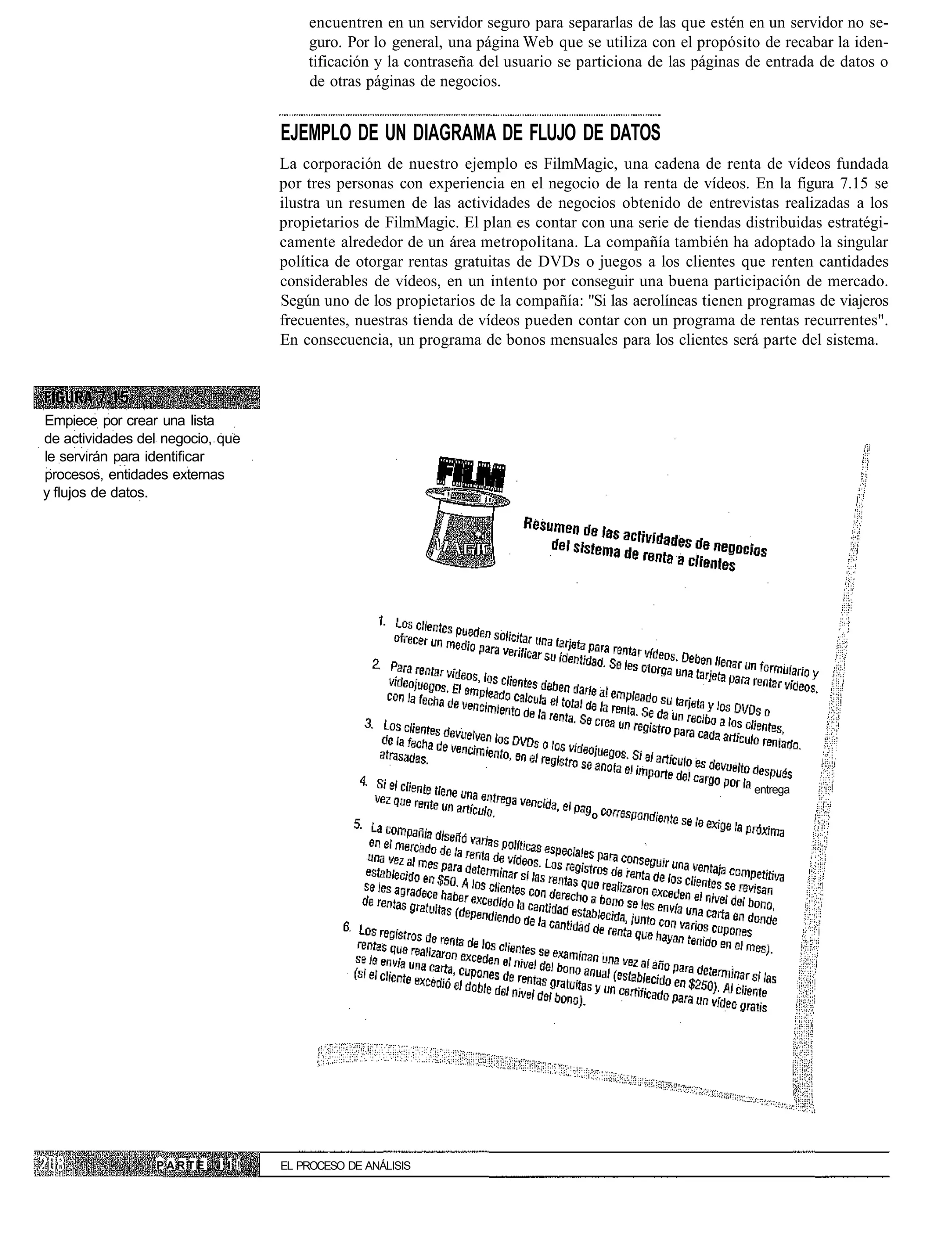 encuentren en un servidor seguro para separarlas de las que estén en un servidor no se-
                                       guro. Por lo general, una página Web que se utiliza con el propósito de recabar la iden-
                                       tificación y la contraseña del usuario se particiona de las páginas de entrada de datos o
                                       de otras páginas de negocios.


                                   EJEMPLO DE UN DIAGRAMA DE FLUJO DE DATOS
                                   La corporación de nuestro ejemplo es FilmMagic, una cadena de renta de vídeos fundada
                                   por tres personas con experiencia en el negocio de la renta de vídeos. En la figura 7.15 se
                                   ilustra un resumen de las actividades de negocios obtenido de entrevistas realizadas a los
                                   propietarios de FilmMagic. El plan es contar con una serie de tiendas distribuidas estratégi-
                                   camente alrededor de un área metropolitana. La compañía también ha adoptado la singular
                                   política de otorgar rentas gratuitas de DVDs o juegos a los clientes que renten cantidades
                                   considerables de vídeos, en un intento por conseguir una buena participación de mercado.
                                   Según uno de los propietarios de la compañía: "Si las aerolíneas tienen programas de viajeros
                                   frecuentes, nuestras tienda de vídeos pueden contar con un programa de rentas recurrentes".
                                   En consecuencia, un programa de bonos mensuales para los clientes será parte del sistema.



Empiece por crear una lista
de actividades del negocio, que
le servirán para identificar
procesos, entidades externas
y flujos de datos.




                                                                                                           entrega

                                                                                  o




                 PARTE     I I !   EL PROCESO DE ANÁLISIS
 