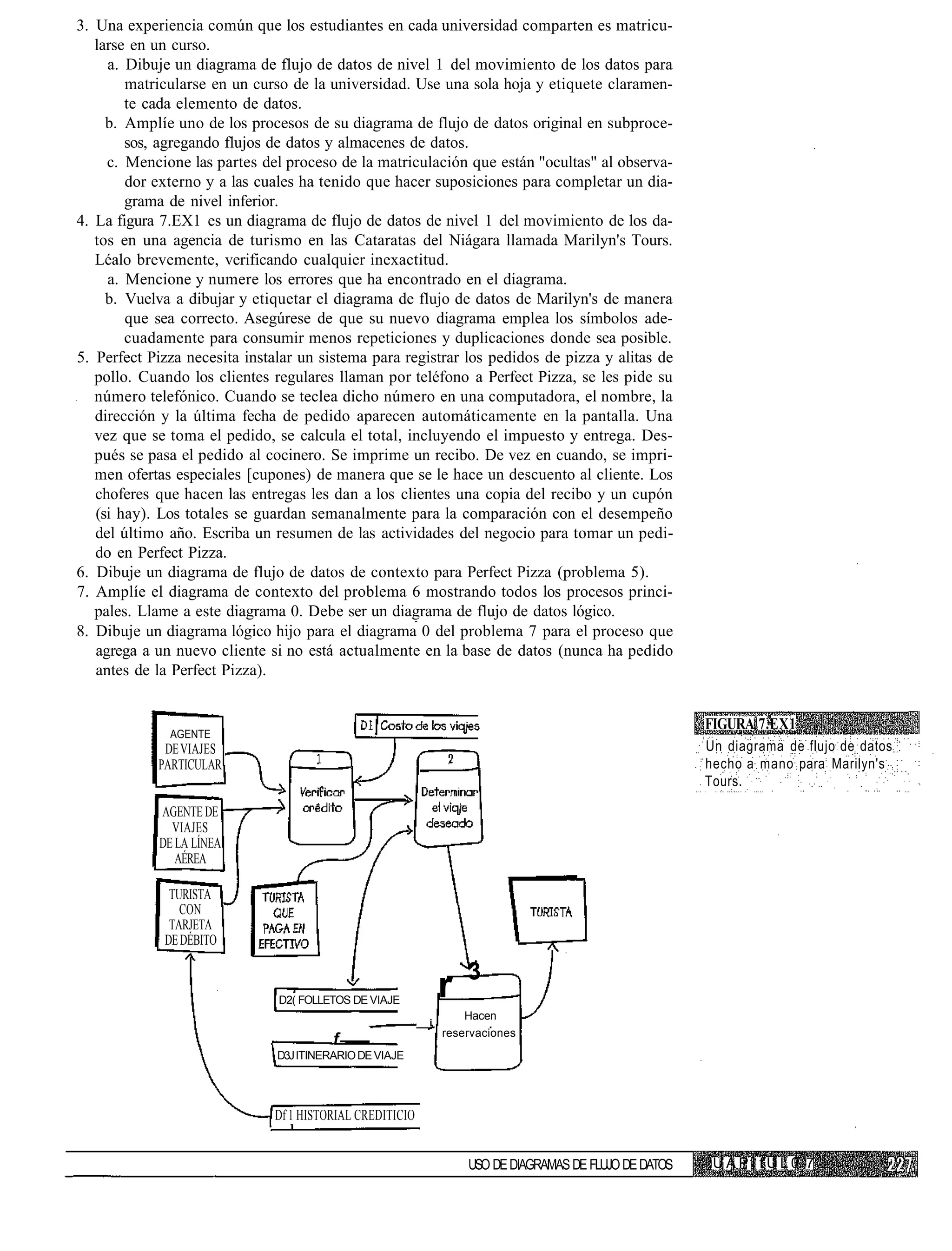 3. Una experiencia común que los estudiantes en cada universidad comparten es matricu-
   larse en un curso.
     a. Dibuje un diagrama de flujo de datos de nivel 1 del movimiento de los datos para
        matricularse en un curso de la universidad. Use una sola hoja y etiquete claramen-
        te cada elemento de datos.
     b. Amplíe uno de los procesos de su diagrama de flujo de datos original en subproce-
        sos, agregando flujos de datos y almacenes de datos.
     c. Mencione las partes del proceso de la matriculación que están "ocultas" al observa-
        dor externo y a las cuales ha tenido que hacer suposiciones para completar un dia-
        grama de nivel inferior.
4. La figura 7.EX1 es un diagrama de flujo de datos de nivel 1 del movimiento de los da-
   tos en una agencia de turismo en las Cataratas del Niágara llamada Marilyn's Tours.
   Léalo brevemente, verificando cualquier inexactitud.
     a. Mencione y numere los errores que ha encontrado en el diagrama.
     b. Vuelva a dibujar y etiquetar el diagrama de flujo de datos de Marilyn's de manera
        que sea correcto. Asegúrese de que su nuevo diagrama emplea los símbolos ade-
        cuadamente para consumir menos repeticiones y duplicaciones donde sea posible.
5. Perfect Pizza necesita instalar un sistema para registrar los pedidos de pizza y alitas de
   pollo. Cuando los clientes regulares llaman por teléfono a Perfect Pizza, se les pide su
   número telefónico. Cuando se teclea dicho número en una computadora, el nombre, la
   dirección y la última fecha de pedido aparecen automáticamente en la pantalla. Una
   vez que se toma el pedido, se calcula el total, incluyendo el impuesto y entrega. Des-
   pués se pasa el pedido al cocinero. Se imprime un recibo. De vez en cuando, se impri-
   men ofertas especiales [cupones) de manera que se le hace un descuento al cliente. Los
   choferes que hacen las entregas les dan a los clientes una copia del recibo y un cupón
   (si hay). Los totales se guardan semanalmente para la comparación con el desempeño
   del último año. Escriba un resumen de las actividades del negocio para tomar un pedi-
   do en Perfect Pizza.
6. Dibuje un diagrama de flujo de datos de contexto para Perfect Pizza (problema 5).
7. Amplíe el diagrama de contexto del problema 6 mostrando todos los procesos princi-
   pales. Llame a este diagrama 0. Debe ser un diagrama de flujo de datos lógico.
8. Dibuje un diagrama lógico hijo para el diagrama 0 del problema 7 para el proceso que
   agrega a un nuevo cliente si no está actualmente en la base de datos (nunca ha pedido
   antes de la Perfect Pizza).


                                                                                                        FIGURA 7.EX1
              AGENTE
             DE VIAJES                                                                                  Un diagrama de flujo de datos
            PARTICULAR                                                                                  hecho a mano para Marilyn's
                                                                                                        Tours.

            AGENTE DE
              VIAJES
            DE LA LÍNEA
               AÉREA

              TURISTA
                CON
              TARJETA
             DE DÉBITO

                                                                   3
                               D2( FOLLETOS DE VIAJE
                                                               r
                                                                   Hacen
                                                          i,
                                                               reservaciones
                                         f
                               D3J ITINERARIO DE VIAJE




                              Df 1 HISTORIAL CREDITICIO


                                                                   USO DE DIAGRAMAS DE FLUJO DE DATOS    UAPI fUL0 7
 