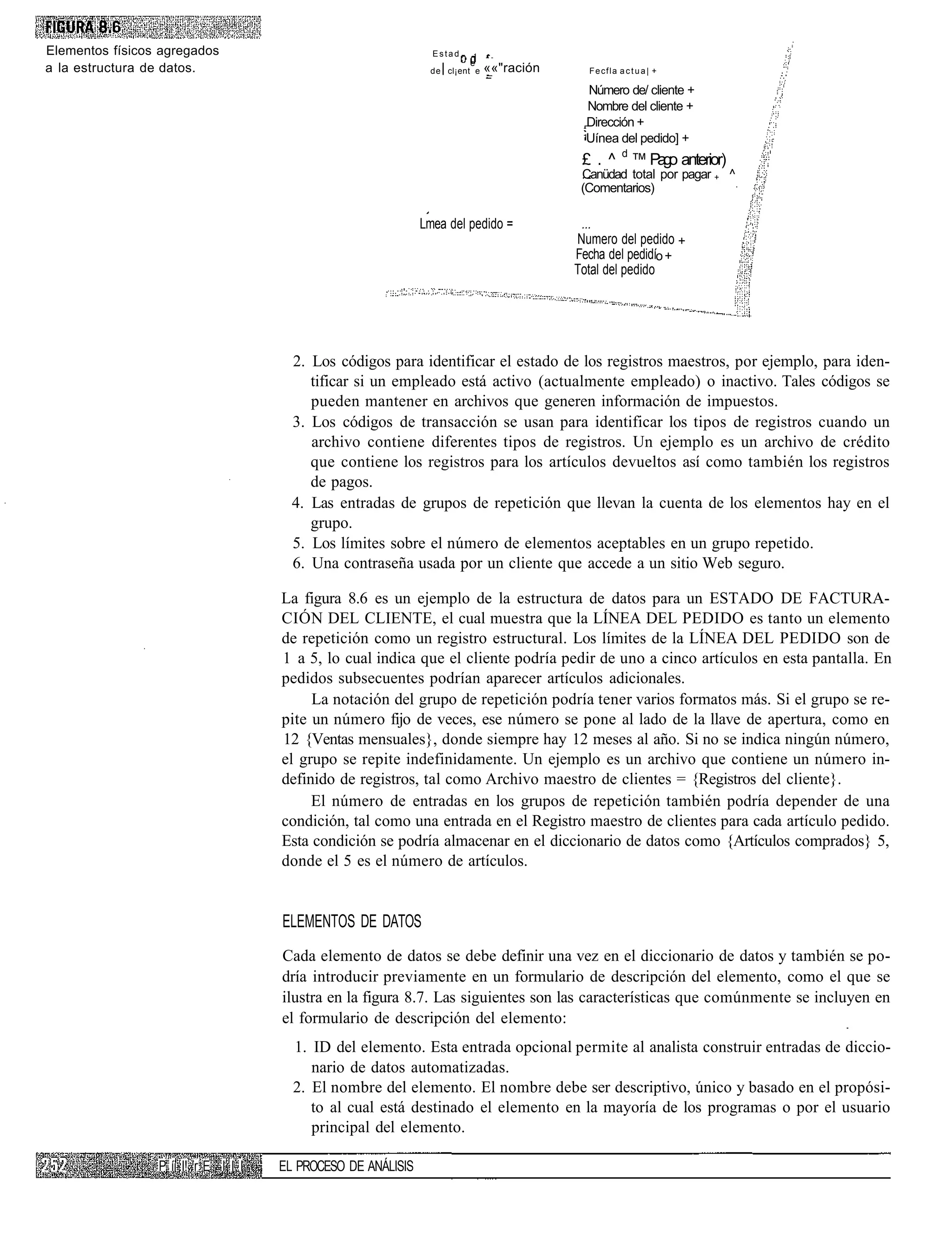 Elementos físicos agregados                                    Estad
                                                                          e
a la estructura de datos.                                      de | cl¡ent e   ««"ración     Fecfla actua| +

                                                                                             Número de/ cliente +
                                                                                             Nombre del cliente +
                                                                                             Dirección +
                                                                                             Uínea del pedido] +
                                                                                            £ . ^ d ™ Pago anterior)
                                                                                            Canüdad total por pagar + ^
                                                                                            (Comentarios)

                                                              Lmea del pedido =             ...
                                                                                           Numero del pedido +
                                                                                           Fecha del pedidío +
                                                                                           Total del pedido




                                       2. Los códigos para identificar el estado de los registros maestros, por ejemplo, para iden-
                                          tificar si un empleado está activo (actualmente empleado) o inactivo. Tales códigos se
                                          pueden mantener en archivos que generen información de impuestos.
                                       3. Los códigos de transacción se usan para identificar los tipos de registros cuando un
                                          archivo contiene diferentes tipos de registros. Un ejemplo es un archivo de crédito
                                          que contiene los registros para los artículos devueltos así como también los registros
                                          de pagos.
                                       4. Las entradas de grupos de repetición que llevan la cuenta de los elementos hay en el
                                          grupo.
                                       5. Los límites sobre el número de elementos aceptables en un grupo repetido.
                                       6. Una contraseña usada por un cliente que accede a un sitio Web seguro.

                                     La figura 8.6 es un ejemplo de la estructura de datos para un ESTADO DE FACTURA-
                                     CIÓN DEL CLIENTE, el cual muestra que la LÍNEA DEL PEDIDO es tanto un elemento
                                     de repetición como un registro estructural. Los límites de la LÍNEA DEL PEDIDO son de
                                     1 a 5, lo cual indica que el cliente podría pedir de uno a cinco artículos en esta pantalla. En
                                     pedidos subsecuentes podrían aparecer artículos adicionales.
                                          La notación del grupo de repetición podría tener varios formatos más. Si el grupo se re-
                                     pite un número fijo de veces, ese número se pone al lado de la llave de apertura, como en
                                     12 {Ventas mensuales}, donde siempre hay 12 meses al año. Si no se indica ningún número,
                                     el grupo se repite indefinidamente. Un ejemplo es un archivo que contiene un número in-
                                     definido de registros, tal como Archivo maestro de clientes = {Registros del cliente}.
                                          El número de entradas en los grupos de repetición también podría depender de una
                                     condición, tal como una entrada en el Registro maestro de clientes para cada artículo pedido.
                                     Esta condición se podría almacenar en el diccionario de datos como {Artículos comprados} 5,
                                     donde el 5 es el número de artículos.


                                     ELEMENTOS DE DATOS
                                     Cada elemento de datos se debe definir una vez en el diccionario de datos y también se po-
                                     dría introducir previamente en un formulario de descripción del elemento, como el que se
                                     ilustra en la figura 8.7. Las siguientes son las características que comúnmente se incluyen en
                                     el formulario de descripción del elemento:
                                       1. ID del elemento. Esta entrada opcional permite al analista construir entradas de diccio-
                                          nario de datos automatizadas.
                                       2. El nombre del elemento. El nombre debe ser descriptivo, único y basado en el propósi-
                                          to al cual está destinado el elemento en la mayoría de los programas o por el usuario
                                          principal del elemento.

                 P íi I! r E I I I   EL PROCESO DE ANÁLISIS
 