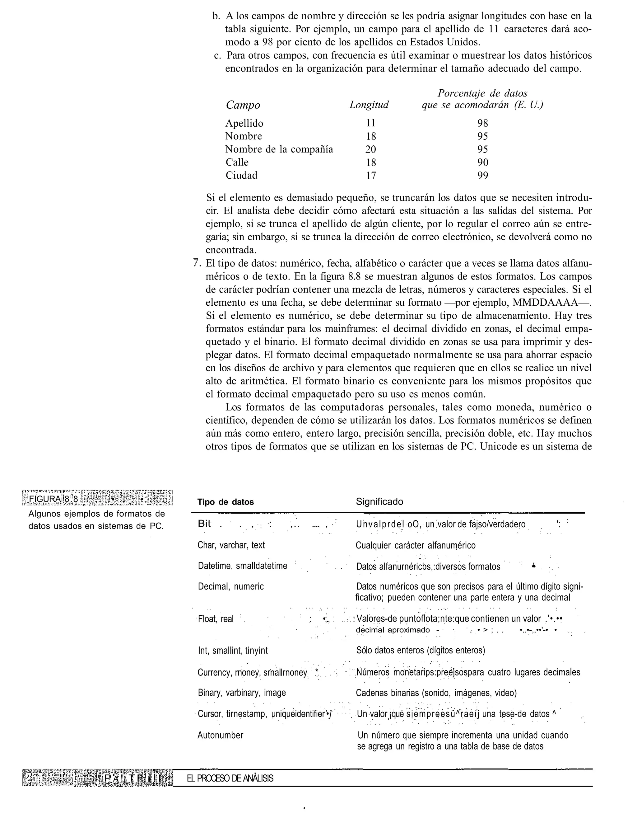 b. A los campos de nombre y dirección se les podría asignar longitudes con base en la
                                             tabla siguiente. Por ejemplo, un campo para el apellido de 11 caracteres dará aco-
                                             modo a 98 por ciento de los apellidos en Estados Unidos.
                                          c. Para otros campos, con frecuencia es útil examinar o muestrear los datos históricos
                                             encontrados en la organización para determinar el tamaño adecuado del campo.

                                                                                                               Porcentaje de datos
                                              Campo                                     Longitud            que se acomodarán (E. U.)
                                              Apellido                                     11                                98
                                              Nombre                                       18                                95
                                              Nombre de la compañía                        20                                95
                                              Calle                                        18                                90
                                              Ciudad                                       17                                99

                                        Si el elemento es demasiado pequeño, se truncarán los datos que se necesiten introdu-
                                        cir. El analista debe decidir cómo afectará esta situación a las salidas del sistema. Por
                                        ejemplo, si se trunca el apellido de algún cliente, por lo regular el correo aún se entre-
                                        garía; sin embargo, si se trunca la dirección de correo electrónico, se devolverá como no
                                        encontrada.
                                        El tipo de datos: numérico, fecha, alfabético o carácter que a veces se llama datos alfanu-
                                        méricos o de texto. En la figura 8.8 se muestran algunos de estos formatos. Los campos
                                        de carácter podrían contener una mezcla de letras, números y caracteres especiales. Si el
                                        elemento es una fecha, se debe determinar su formato —por ejemplo, MMDDAAAA—.
                                        Si el elemento es numérico, se debe determinar su tipo de almacenamiento. Hay tres
                                        formatos estándar para los mainframes: el decimal dividido en zonas, el decimal empa-
                                        quetado y el binario. El formato decimal dividido en zonas se usa para imprimir y des-
                                        plegar datos. El formato decimal empaquetado normalmente se usa para ahorrar espacio
                                        en los diseños de archivo y para elementos que requieren que en ellos se realice un nivel
                                        alto de aritmética. El formato binario es conveniente para los mismos propósitos que
                                        el formato decimal empaquetado pero su uso es menos común.
                                             Los formatos de las computadoras personales, tales como moneda, numérico o
                                        científico, dependen de cómo se utilizarán los datos. Los formatos numéricos se definen
                                        aún más como entero, entero largo, precisión sencilla, precisión doble, etc. Hay muchos
                                        otros tipos de formatos que se utilizan en los sistemas de PC. Unicode es un sistema de



FIGURA 8.8         • ,     •;         Tipo de datos                                      Significado
Algunos ejemplos de formatos de
                                                                                                                                                            :
datos usados en sistemas de PC.       Bit .         . ,   :    :   ,..       .... ,      U n v a l p r d e l oO, un valor de fajso/verdadero           ':

                                      Char, varchar, text                                Cualquier carácter alfanumérico
                                                                    :                                                                     :
                                      Datetime, smalldatetime                            Datos alfanurnéricbs,:diversos formatos               •'•

                                      Decimal, numeric                                   Datos numéricos que son precisos para el último dígito signi-
                                                                                         ficativo; pueden contener una parte entera y una decimal
                                                    :                    :
                                      Float, real                            :   •;.,   : Valores-de puntoflota;nte:que contienen un valor .'•.••
                                                                                         decimal aproximado -              . •>;..        •..•-,,••'-• •

                                      Int, smallint, tinyint                             Sólo datos enteros (dígitos enteros)

                                      Currency, rnoney, srnallrnoney: : *                Números monetarips:preejsospara cuatro lugares decimales

                                      Binary, varbinary, image                           Cadenas binarias (sonido, imágenes, video)

                                      Cursor, tirnestamp, uniqueidentifier'•]            Un valor ¡qué siempreesü^raeíj una tese-de datos ^

                                      Autonumber                                         Un número que siempre incrementa una unidad cuando
                                                                                         se agrega un registro a una tabla de base de datos


                 P A !¡ T F i ! I
                           .        EL PROCESO DE ANÁLISIS
 