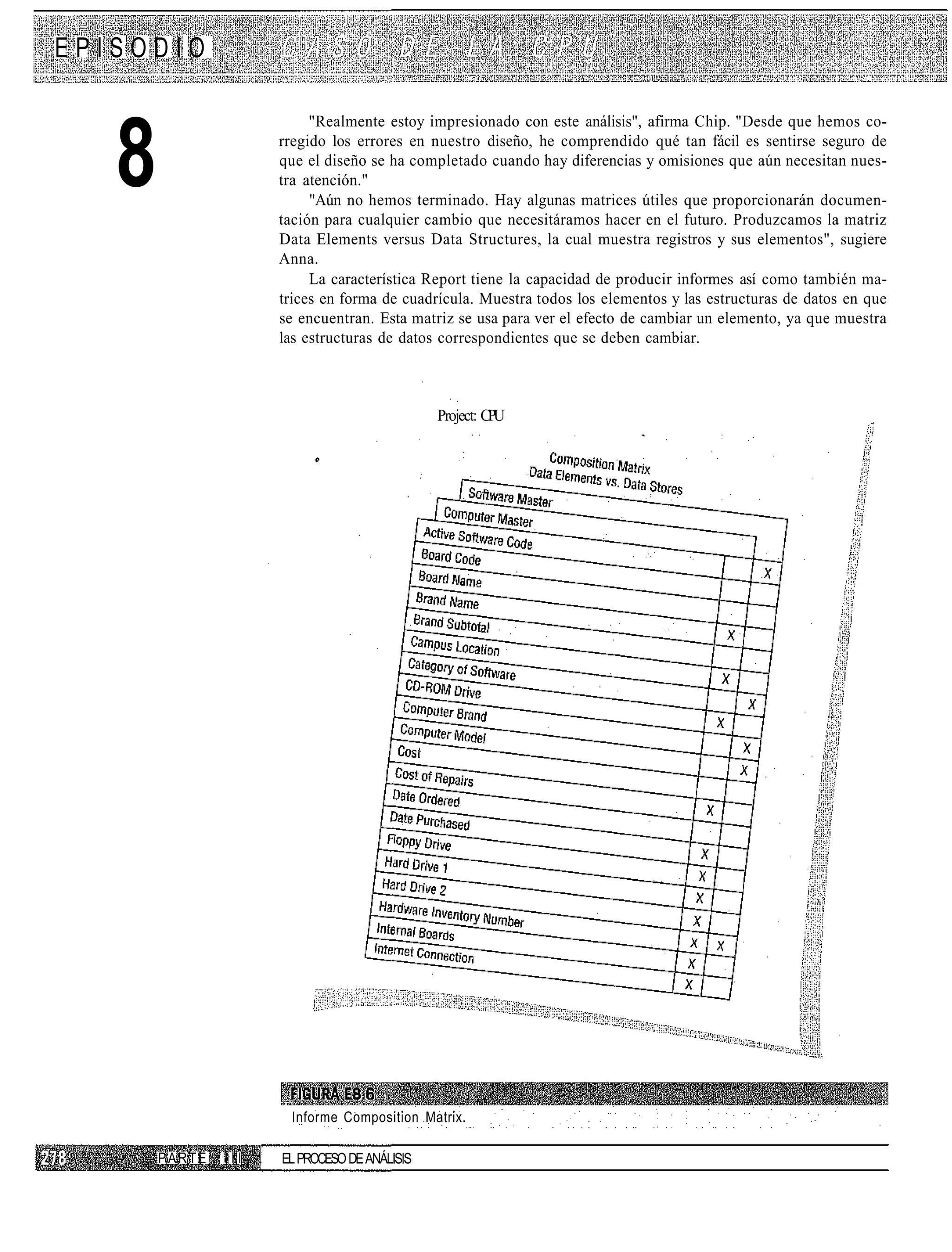 EPISODIO

                          "Realmente estoy impresionado con este análisis", afirma Chip. "Desde que hemos co-


   8                 rregido los errores en nuestro diseño, he comprendido qué tan fácil es sentirse seguro de
                     que el diseño se ha completado cuando hay diferencias y omisiones que aún necesitan nues-
                     tra atención."
                          "Aún no hemos terminado. Hay algunas matrices útiles que proporcionarán documen-
                     tación para cualquier cambio que necesitáramos hacer en el futuro. Produzcamos la matriz
                     Data Elements versus Data Structures, la cual muestra registros y sus elementos", sugiere
                     Anna.
                          La característica Report tiene la capacidad de producir informes así como también ma-
                     trices en forma de cuadrícula. Muestra todos los elementos y las estructuras de datos en que
                     se encuentran. Esta matriz se usa para ver el efecto de cambiar un elemento, ya que muestra
                     las estructuras de datos correspondientes que se deben cambiar.



                                              Project: CPU




                      Informe Composition Matrix.

       PARTE   III   EL PROCESO DE ANÁLISIS
 