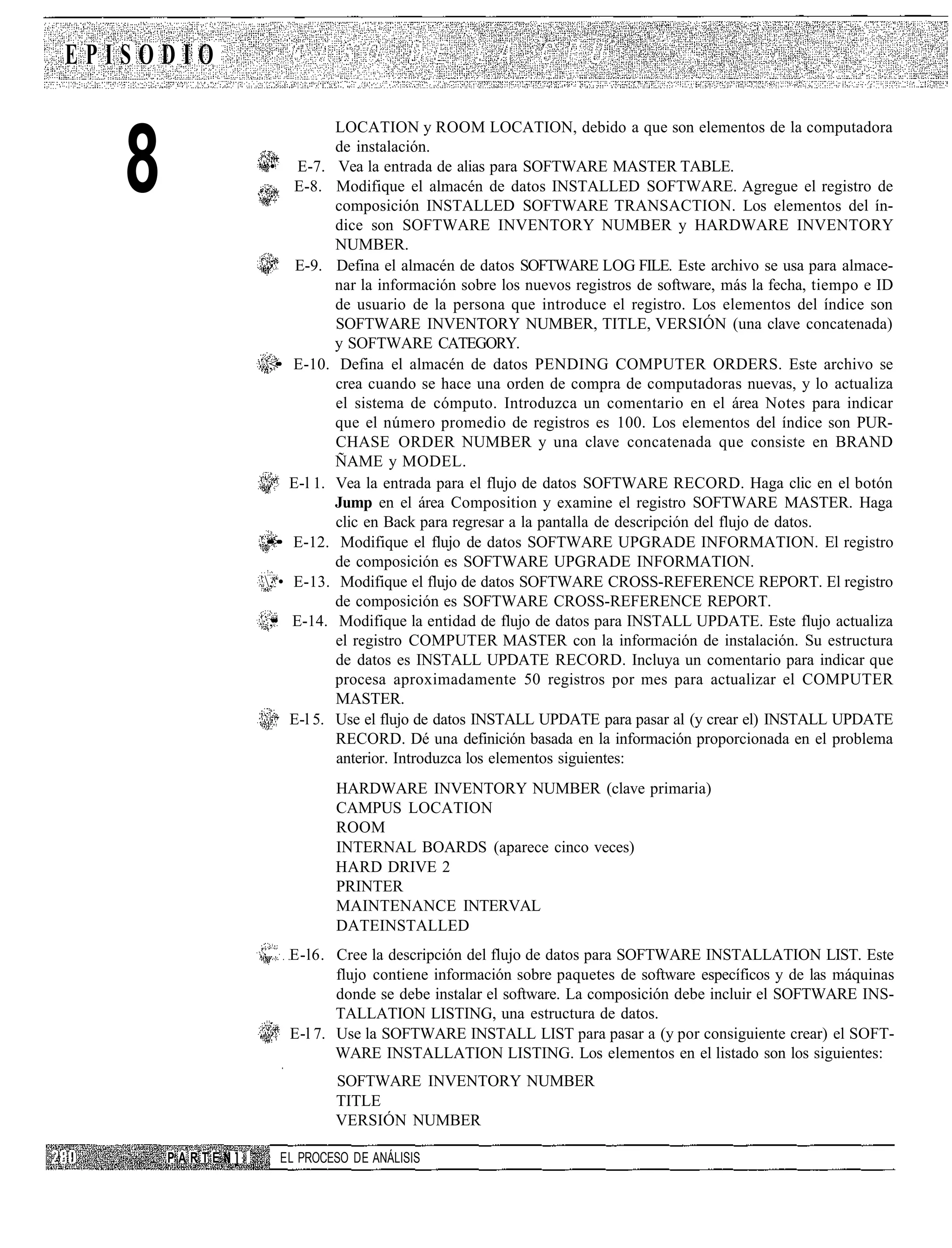 EPISODIO

                               LOCATION y ROOM LOCATION, debido a que son elementos de la computadora


   8             •     E-7.
                       E-8.
                               de instalación.
                               Vea la entrada de alias para SOFTWARE MASTER TABLE.
                               Modifique el almacén de datos INSTALLED SOFTWARE. Agregue el registro de
                               composición INSTALLED SOFTWARE TRANSACTION. Los elementos del ín-
                               dice son SOFTWARE INVENTORY NUMBER y HARDWARE INVENTORY
                               NUMBER.
                       E-9.    Defina el almacén de datos SOFTWARE LOG FILE. Este archivo se usa para almace-
                               nar la información sobre los nuevos registros de software, más la fecha, tiempo e ID
                               de usuario de la persona que introduce el registro. Los elementos del índice son
                               SOFTWARE INVENTORY NUMBER, TITLE, VERSIÓN (una clave concatenada)
                               y SOFTWARE CATEGORY.
                 , • E-10.
                 <•             Defina el almacén de datos PENDING COMPUTER ORDERS. Este archivo se
                               crea cuando se hace una orden de compra de computadoras nuevas, y lo actualiza
                               el sistema de cómputo. Introduzca un comentario en el área Notes para indicar
                               que el número promedio de registros es 100. Los elementos del índice son PUR-
                               CHASE ORDER NUMBER y una clave concatenada que consiste en BRAND
                               ÑAME y MODEL.
                      E-l 1.   Vea la entrada para el flujo de datos SOFTWARE RECORD. Haga clic en el botón
                               Jump en el área Composition y examine el registro SOFTWARE MASTER. Haga
                               clic en Back para regresar a la pantalla de descripción del flujo de datos.
                 •• • E-12.
                  >             Modifique el flujo de datos SOFTWARE UPGRADE INFORMATION. El registro
                               de composición es SOFTWARE UPGRADE INFORMATION.
                 , • E-13.     Modifique el flujo de datos SOFTWARE CROSS-REFERENCE REPORT. El registro
                               de composición es SOFTWARE CROSS-REFERENCE REPORT.
                 ;•• E-14.      Modifique la entidad de flujo de datos para INSTALL UPDATE. Este flujo actualiza
                               el registro COMPUTER MASTER con la información de instalación. Su estructura
                               de datos es INSTALL UPDATE RECORD. Incluya un comentario para indicar que
                               procesa aproximadamente 50 registros por mes para actualizar el COMPUTER
                               MASTER.
                      E-l 5.   Use el flujo de datos INSTALL UPDATE para pasar al (y crear el) INSTALL UPDATE
                               RECORD. Dé una definición basada en la información proporcionada en el problema
                               anterior. Introduzca los elementos siguientes:
                               HARDWARE INVENTORY NUMBER (clave primaria)
                               CAMPUS LOCATION
                               ROOM
                               INTERNAL BOARDS (aparece cinco veces)
                               HARD DRIVE 2
                               PRINTER
                               MAINTENANCE INTERVAL
                               DATEINSTALLED
                      E-l6. Cree la descripción del flujo de datos para SOFTWARE INSTALLATION LIST. Este
                             flujo contiene información sobre paquetes de software específicos y de las máquinas
                             donde se debe instalar el software. La composición debe incluir el SOFTWARE INS-
                             TALLATION LISTING, una estructura de datos.
                      E-l 7. Use la SOFTWARE INSTALL LIST para pasar a (y por consiguiente crear) el SOFT-
                             WARE INSTALLATION LISTING. Los elementos en el listado son los siguientes:
                               SOFTWARE INVENTORY NUMBER
                               TITLE
                               VERSIÓN NUMBER

       PARTEN]       EL PROCESO DE ANÁLISIS
 