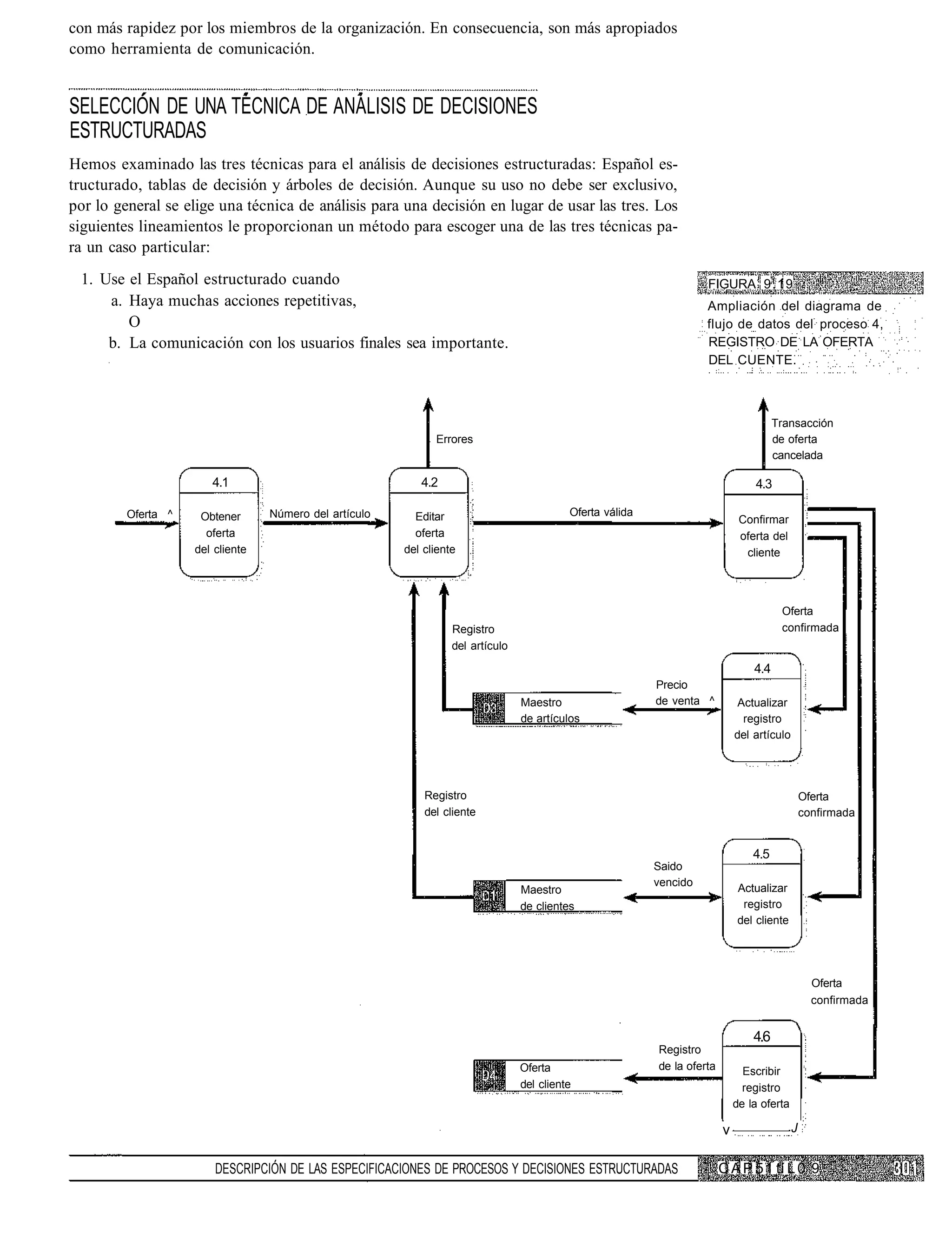 con más rapidez por los miembros de la organización. En consecuencia, son más apropiados
como herramienta de comunicación.


SELECCIÓN DE UNA TÉCNICA DE ANÁLISIS DE DECISIONES
ESTRUCTURADAS
Hemos examinado las tres técnicas para el análisis de decisiones estructuradas: Español es-
tructurado, tablas de decisión y árboles de decisión. Aunque su uso no debe ser exclusivo,
por lo general se elige una técnica de análisis para una decisión en lugar de usar las tres. Los
siguientes lineamientos le proporcionan un método para escoger una de las tres técnicas pa-
ra un caso particular:
 1. Use el Español estructurado cuando                                                                               FIGURA 9 . 1 9
     a. Haya muchas acciones repetitivas,                                                                            Ampliación del diagrama de
        O                                                                                                            flujo de datos del proceso 4,
     b. La comunicación con los usuarios finales sea importante.                                                     REGISTRO DE LA OFERTA
                                                                                                                     DEL CUENTE.



                                                                                                                                        Transacción
                                                              Errores                                                                   de oferta
                                                                                                                                        cancelada

                       4.1                                 4.2                                                                    4.3

         Oferta ^    Obtener      Número del artículo     Editar                           Oferta válida
                                                                                                                               Confirmar
                      oferta                              oferta                                                               oferta del
                    del cliente                         del cliente                                                             cliente




                                                                                                                                         Oferta
                                                                  Registro                                                               confirmada
                                                                  del artículo

                                                                                                                                  4.4
                                                                                                           Precio
                                                                                 Maestro                   de venta ^          Actualizar
                                                                                 de artículos                                   registro
                                                                                                                              del artículo




                                                            Registro                                                                             Oferta
                                                            del cliente                                                                          confirmada


                                                                                                                                  4.5
                                                                                                           Saido
                                                                                                           vencido
                                                                                 Maestro                                      Actualizar
                                                                                 de clientes                                   registro
                                                                                                                              del cliente




                                                                                                                                                   Oferta
                                                                                                                                                   confirmada


                                                                                                                                  4.6
                                                                                                           Registro
                                                                                 Oferta                    de la oferta         Escribir
                                                                                 del cliente                                    registro
                                                                                                                              de la oferta

                                                                                                                          v                  J


                        DESCRIPCIÓN DE LAS ESPECIFICACIONES DE PROCESOS Y DECISIONES ESTRUCTURADAS                        C A P 5 1 tí L 0 9
 