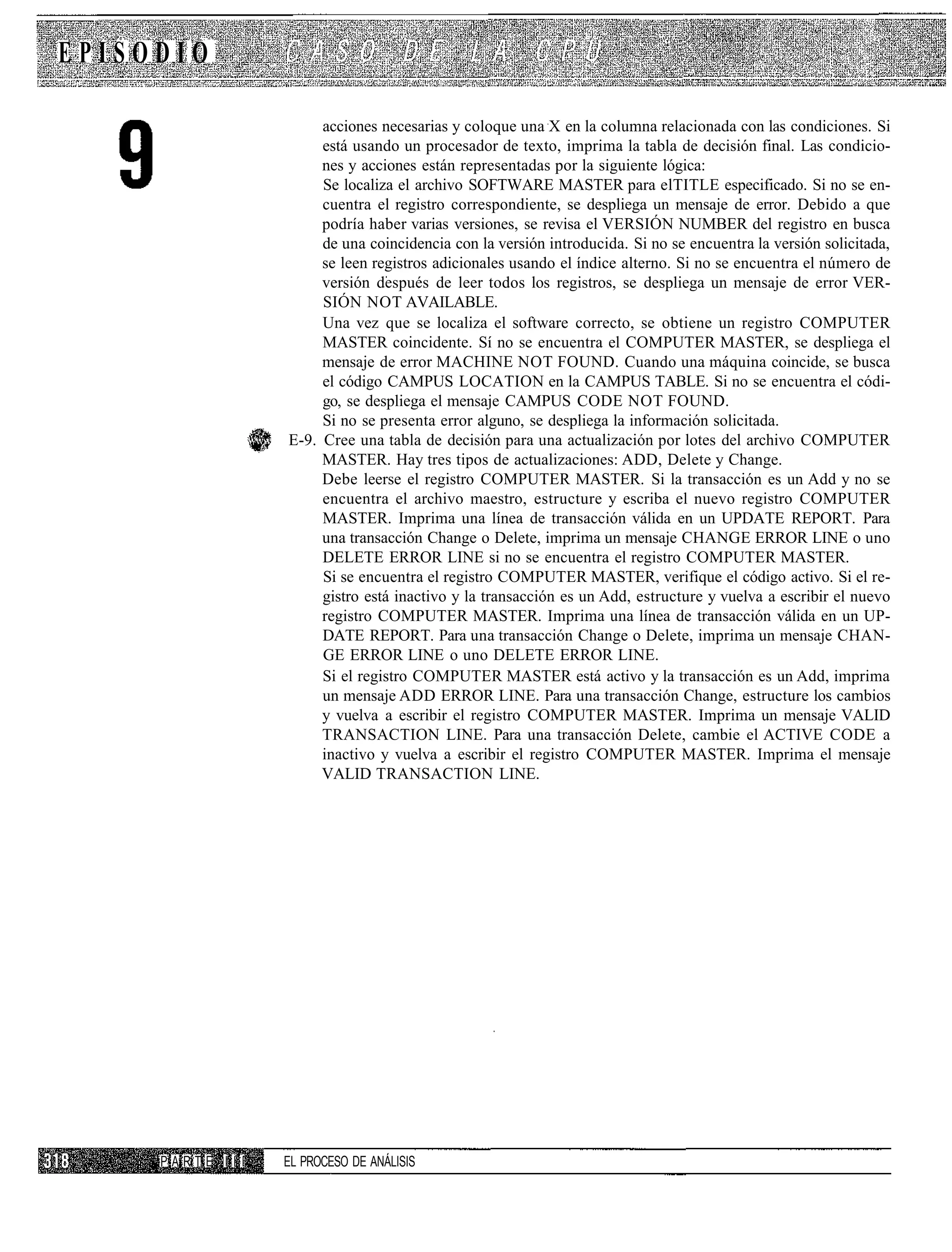 EPISODIO

                        acciones necesarias y coloque una X en la columna relacionada con las condiciones. Si
                        está usando un procesador de texto, imprima la tabla de decisión final. Las condicio-
                        nes y acciones están representadas por la siguiente lógica:
                        Se localiza el archivo SOFTWARE MASTER para elTITLE especificado. Si no se en-
                        cuentra el registro correspondiente, se despliega un mensaje de error. Debido a que
                        podría haber varias versiones, se revisa el VERSIÓN NUMBER del registro en busca
                        de una coincidencia con la versión introducida. Si no se encuentra la versión solicitada,
                        se leen registros adicionales usando el índice alterno. Si no se encuentra el número de
                        versión después de leer todos los registros, se despliega un mensaje de error VER-
                        SIÓN NOT AVAILABLE.
                        Una vez que se localiza el software correcto, se obtiene un registro COMPUTER
                        MASTER coincidente. Sí no se encuentra el COMPUTER MASTER, se despliega el
                        mensaje de error MACHINE NOT FOUND. Cuando una máquina coincide, se busca
                        el código CAMPUS LOCATION en la CAMPUS TABLE. Si no se encuentra el códi-
                        go, se despliega el mensaje CAMPUS CODE NOT FOUND.
                        Si no se presenta error alguno, se despliega la información solicitada.
                   E-9. Cree una tabla de decisión para una actualización por lotes del archivo COMPUTER
                        MASTER. Hay tres tipos de actualizaciones: ADD, Delete y Change.
                        Debe leerse el registro COMPUTER MASTER. Si la transacción es un Add y no se
                        encuentra el archivo maestro, estructure y escriba el nuevo registro COMPUTER
                        MASTER. Imprima una línea de transacción válida en un UPDATE REPORT. Para
                        una transacción Change o Delete, imprima un mensaje CHANGE ERROR LINE o uno
                        DELETE ERROR LINE si no se encuentra el registro COMPUTER MASTER.
                        Si se encuentra el registro COMPUTER MASTER, verifique el código activo. Si el re-
                        gistro está inactivo y la transacción es un Add, estructure y vuelva a escribir el nuevo
                        registro COMPUTER MASTER. Imprima una línea de transacción válida en un UP-
                        DATE REPORT. Para una transacción Change o Delete, imprima un mensaje CHAN-
                        GE ERROR LINE o uno DELETE ERROR LINE.
                        Si el registro COMPUTER MASTER está activo y la transacción es un Add, imprima
                        un mensaje ADD ERROR LINE. Para una transacción Change, estructure los cambios
                        y vuelva a escribir el registro COMPUTER MASTER. Imprima un mensaje VALID
                        TRANSACTION LINE. Para una transacción Delete, cambie el ACTIVE CODE a
                        inactivo y vuelva a escribir el registro COMPUTER MASTER. Imprima el mensaje
                        VALID TRANSACTION LINE.




     PARTE I I I   EL PROCESO DE ANÁLISIS
 
