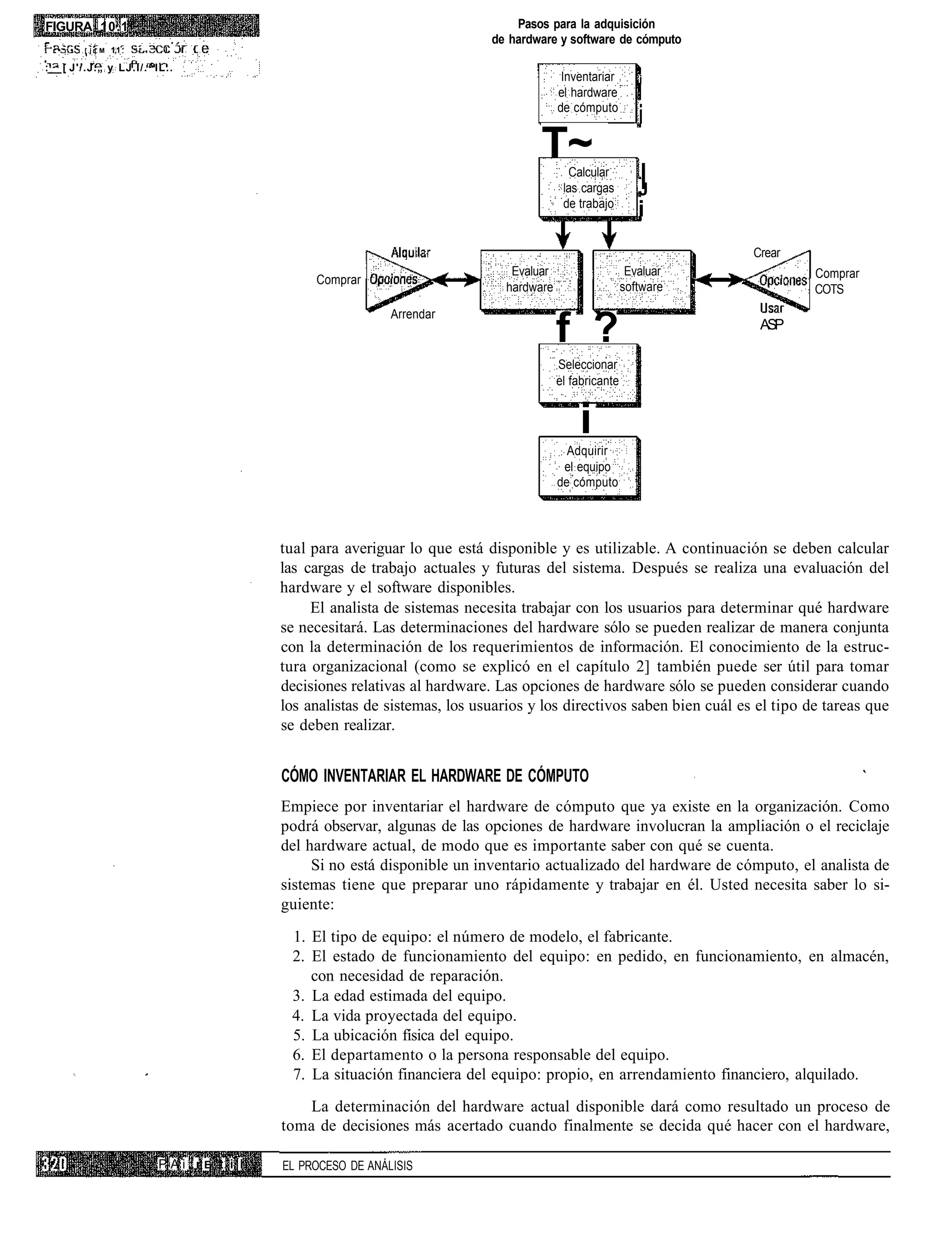 FIGURA 10.1                                                                                Pasos para la adquisición
                                                                                       de hardware y software de cómputo
    '.•    •   [ j | M   1,1   .'I.    I.   I   !

:         [ J'/.J.„ y LJ.I/.^IL..
                                                                                                      Inventariar       j
                                                                                                     el hardware
                                                                                                     de cómputo
                                                                                                                        i
                                                                                               T~      Calcular
                                                                                                      las cargas
                                                                                                                        |
                                                                                                                        J
                                                                                                      de trabajo
                                                                                                                        i
                                                                                                                                    Crear
                                                                                           Evaluar                    Evaluar               Comprar
                                                           Comprar
                                                                                          hardware                   software   •           COTS
                                                                        Arrendar
                                                                                                     f ?                             ASP

                                                                                                     Seleccionar
                                                                                                     el fabricante


                                                                                                         i
                                                                                                       Adquirir
                                                                                                      el equipo
                                                                                                     de cómputo




                                                      tual para averiguar lo que está disponible y es utilizable. A continuación se deben calcular
                                                      las cargas de trabajo actuales y futuras del sistema. Después se realiza una evaluación del
                                                      hardware y el software disponibles.
                                                           El analista de sistemas necesita trabajar con los usuarios para determinar qué hardware
                                                      se necesitará. Las determinaciones del hardware sólo se pueden realizar de manera conjunta
                                                      con la determinación de los requerimientos de información. El conocimiento de la estruc-
                                                      tura organizacional (como se explicó en el capítulo 2] también puede ser útil para tomar
                                                      decisiones relativas al hardware. Las opciones de hardware sólo se pueden considerar cuando
                                                      los analistas de sistemas, los usuarios y los directivos saben bien cuál es el tipo de tareas que
                                                      se deben realizar.


                                                      CÓMO INVENTARIAR EL HARDWARE DE CÓMPUTO
                                                      Empiece por inventariar el hardware de cómputo que ya existe en la organización. Como
                                                      podrá observar, algunas de las opciones de hardware involucran la ampliación o el reciclaje
                                                      del hardware actual, de modo que es importante saber con qué se cuenta.
                                                           Si no está disponible un inventario actualizado del hardware de cómputo, el analista de
                                                      sistemas tiene que preparar uno rápidamente y trabajar en él. Usted necesita saber lo si-
                                                      guiente:
                                                       1. El tipo de equipo: el número de modelo, el fabricante.
                                                       2. El estado de funcionamiento del equipo: en pedido, en funcionamiento, en almacén,
                                                          con necesidad de reparación.
                                                       3. La edad estimada del equipo.
                                                       4. La vida proyectada del equipo.
                                                       5. La ubicación física del equipo.
                                                       6. El departamento o la persona responsable del equipo.
                                                       7. La situación financiera del equipo: propio, en arrendamiento financiero, alquilado.
                                                          La determinación del hardware actual disponible dará como resultado un proceso de
                                                      toma de decisiones más acertado cuando finalmente se decida qué hacer con el hardware,

                                      PAi; rE t i l   EL PROCESO DE ANÁLISIS
 