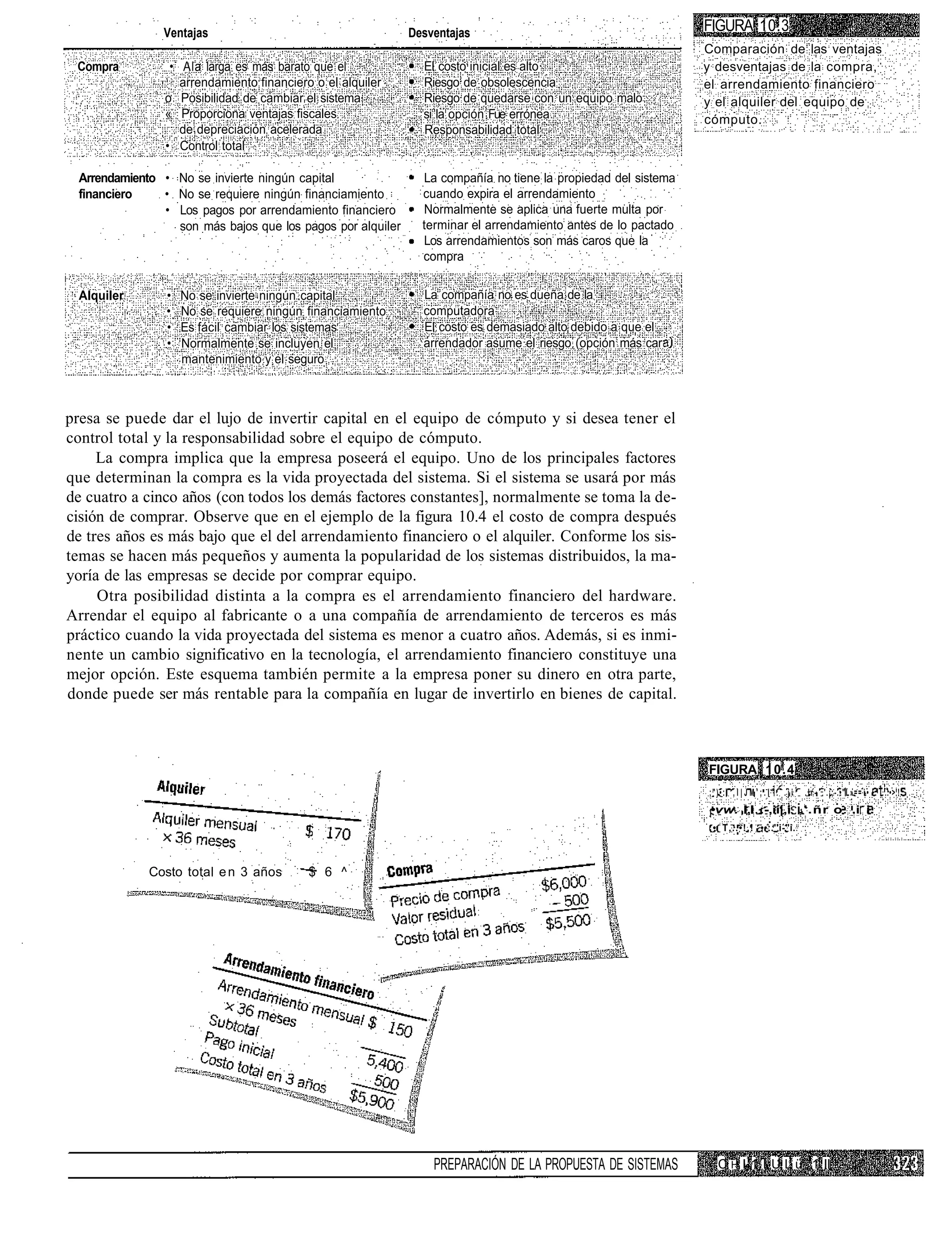 Ventajas                                     Desventajas                                       FIGURA 10.3
                                                                                                               Comparación de las ventajas
 Compra          • Ala larga es más barato que el              El costo inicial es alto                        y desventajas de la compra,
                   arrendamiento financiero o el alquiler      Riesgo de obsolescencia                         el arrendamiento financiero
                o Posibilidad de cambiar el sistema            Riesgo de quedarse con un equipo malo           y el alquiler del equipo de
                « Proporciona ventajas fiscales                si la opción Fue errónea                        cómputo.
                   de depreciación acelerada                   Responsabilidad total
                • Control total

  Arrendamiento • No se invierte ningún capital                La compañía no tiene la propiedad del sistema
  financiero    • No se requiere ningún financiamiento         cuando expira el arrendamiento
                • Los pagos por arrendamiento financiero       Normalmente se aplica una fuerte multa por
                  son más bajos que los pagos por alquiler     terminar el arrendamiento antes de lo pactado
                                                               Los arrendamientos son más caros que la
                                                               compra


  Alquiler       •   No se invierte ningún capital             La compañía no es dueña de la
                 •   No se requiere ningún financiamiento      computadora
                 •   Es fácil cambiar los sistemas             El costo es demasiado alto debido a que el
                 •   Normalmente se incluyen el                arrendador asume el riesgo (opción más car
                     mantenimiento y el seguro



presa se puede dar el lujo de invertir capital en el equipo de cómputo y si desea tener el
control total y la responsabilidad sobre el equipo de cómputo.
     La compra implica que la empresa poseerá el equipo. Uno de los principales factores
que determinan la compra es la vida proyectada del sistema. Si el sistema se usará por más
de cuatro a cinco años (con todos los demás factores constantes], normalmente se toma la de-
cisión de comprar. Observe que en el ejemplo de la figura 10.4 el costo de compra después
de tres años es más bajo que el del arrendamiento financiero o el alquiler. Conforme los sis-
temas se hacen más pequeños y aumenta la popularidad de los sistemas distribuidos, la ma-
yoría de las empresas se decide por comprar equipo.
     Otra posibilidad distinta a la compra es el arrendamiento financiero del hardware.
Arrendar el equipo al fabricante o a una compañía de arrendamiento de terceros es más
práctico cuando la vida proyectada del sistema es menor a cuatro años. Además, si es inmi-
nente un cambio significativo en la tecnología, el arrendamiento financiero constituye una
mejor opción. Este esquema también permite a la empresa poner su dinero en otra parte,
donde puede ser más rentable para la compañía en lugar de invertirlo en bienes de capital.



                                                                                                               FIGURA 10.4
                                                                                                               ; " ) • : , I | J M ' ; . I " . . j i 1 . I r - '.¡;-.•"L»== i • i . ..•>'!
                                                                                                               •vw. I,I :-,ií|,i ,'.ñr o .i i.
                                                                                                                • T,..•!.! ••:.''i-"i.



              Costo total e n 3 años       $ 6 ^




                                                                 PREPARACIÓN DE LA PROPUESTA DE SISTEMAS          C H I11 I U L ü 1 II
 