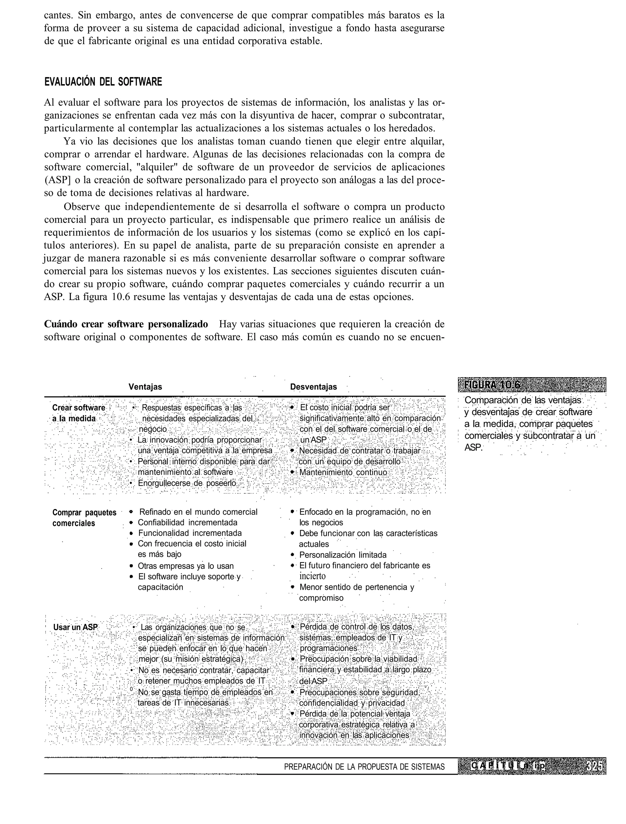 cantes. Sin embargo, antes de convencerse de que comprar compatibles más baratos es la
forma de proveer a su sistema de capacidad adicional, investigue a fondo hasta asegurarse
de que el fabricante original es una entidad corporativa estable.


EVALUACIÓN DEL SOFTWARE
Al evaluar el software para los proyectos de sistemas de información, los analistas y las or-
ganizaciones se enfrentan cada vez más con la disyuntiva de hacer, comprar o subcontratar,
particularmente al contemplar las actualizaciones a los sistemas actuales o los heredados.
     Ya vio las decisiones que los analistas toman cuando tienen que elegir entre alquilar,
comprar o arrendar el hardware. Algunas de las decisiones relacionadas con la compra de
software comercial, "alquiler" de software de un proveedor de servicios de aplicaciones
(ASP] o la creación de software personalizado para el proyecto son análogas a las del proce-
so de toma de decisiones relativas al hardware.
     Observe que independientemente de si desarrolla el software o compra un producto
comercial para un proyecto particular, es indispensable que primero realice un análisis de
requerimientos de información de los usuarios y los sistemas (como se explicó en los capí-
tulos anteriores). En su papel de analista, parte de su preparación consiste en aprender a
juzgar de manera razonable si es más conveniente desarrollar software o comprar software
comercial para los sistemas nuevos y los existentes. Las secciones siguientes discuten cuán-
do crear su propio software, cuándo comprar paquetes comerciales y cuándo recurrir a un
ASP. La figura 10.6 resume las ventajas y desventajas de cada una de estas opciones.

Cuándo crear software personalizado Hay varias situaciones que requieren la creación de
software original o componentes de software. El caso más común es cuando no se encuen-



                     Ventajas                                     Desventajas
                                                                                                             Comparación de las ventajas
  Crear software      • Respuestas específicas a las               El costo inicial podría ser
                                                                                                             y desventajas de crear software
  a la medida            necesidades especializadas del            significativamente alto en comparación
                                                                                                             a la medida, comprar paquetes
                        negocio                                    con el del software comercial o el de
                     • La innovación podría proporcionar           un ASP                                    comerciales y subcontratar a un
                       una ventaja competitiva a la empresa        Necesidad de contratar o trabajar         ASP.
                     • Personal interno disponible para dar        con un equipo de desarrollo
                       mantenimiento al software                   Mantenimiento continuo
                     • Enorgullecerse de poseerlo


  Comprar paquetes     Refinado en el mundo comercial               Enfocado en la programación, no en
  comerciales          Confiabilidad incrementada                   los negocios
                       Funcionalidad incrementada                   Debe funcionar con las características
                       Con frecuencia el costo inicial              actuales
                       es más bajo                                  Personalización limitada
                       Otras empresas ya lo usan                    El futuro financiero del fabricante es
                       El software incluye soporte y                incierto
                       capacitación                                 Menor sentido de pertenencia y
                                                                    compromiso


  Usar un ASP         • Las organizaciones que no se                Pérdida de control de los datos,
                        especializan en sistemas de información     sistemas, empleados de IT y
                        se pueden enfocar en lo que hacen           programaciones
                        mejor (su misión estratégica)               Preocupación sobre la viabilidad
                     • No es necesario contratar, capacitar         financiera y estabilidad a largo plazo
                       o retener muchos empleados de IT             del ASP
                     0
                        No se gasta tiempo de empleados en          Preocupaciones sobre seguridad,
                       tareas de IT innecesarias                    confidencialidad y privacidad
                                                                    Pérdida de la potencial ventaja
                                                                    corporativa estratégica relativa a
                                                                    innovación en las aplicaciones


                                                              PREPARACIÓN DE LA PROPUESTA DE SISTEMAS         CAP íTULn i p
 