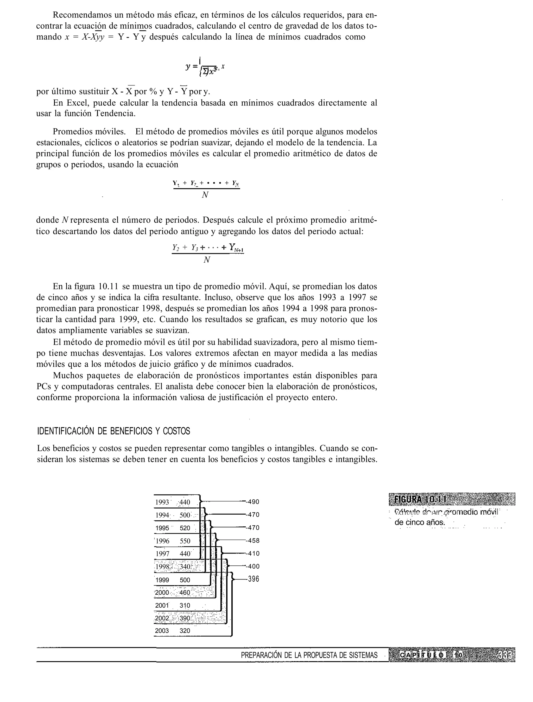 Recomendamos un método más eficaz, en términos de los cálculos requeridos, para en-
contrar la ecuación de mínimos cuadrados, calculando el centro de gravedad de los datos to-
mando x = X-Xyy = Y - Y y después calculando la línea de mínimos cuadrados como


                                                       x
                                                 {)*
por último sustituir X - X por % y Y - Y por y.
     En Excel, puede calcular la tendencia basada en mínimos cuadrados directamente al
usar la función Tendencia.
     Promedios móviles. El método de promedios móviles es útil porque algunos modelos
estacionales, cíclicos o aleatorios se podrían suavizar, dejando el modelo de la tendencia. La
principal función de los promedios móviles es calcular el promedio aritmético de datos de
grupos o periodos, usando la ecuación
                                       Y, + Y? + • • • + YN
                                                 N

donde N representa el número de periodos. Después calcule el próximo promedio aritmé-
tico descartando los datos del periodo antiguo y agregando los datos del periodo actual:
                                       Y2 + Y3
                                                 N

     En la figura 10.11 se muestra un tipo de promedio móvil. Aquí, se promedian los datos
de cinco años y se indica la cifra resultante. Incluso, observe que los años 1993 a 1997 se
promedian para pronosticar 1998, después se promedian los años 1994 a 1998 para pronos-
ticar la cantidad para 1999, etc. Cuando los resultados se grafican, es muy notorio que los
datos ampliamente variables se suavizan.
     El método de promedio móvil es útil por su habilidad suavizadora, pero al mismo tiem-
po tiene muchas desventajas. Los valores extremos afectan en mayor medida a las medias
móviles que a los métodos de juicio gráfico y de mínimos cuadrados.
     Muchos paquetes de elaboración de pronósticos importantes están disponibles para
PCs y computadoras centrales. El analista debe conocer bien la elaboración de pronósticos,
conforme proporciona la información valiosa de justificación el proyecto entero.


IDENTIFICACIÓN DE BENEFICIOS Y COSTOS
Los beneficios y costos se pueden representar como tangibles o intangibles. Cuando se con-
sideran los sistemas se deben tener en cuenta los beneficios y costos tangibles e intangibles.



                                1993     440                   -490

                                                               -470                                     V./CI I U U I U uo 1-411 LJl '
                                1994     500
                                                                                                        de cinco años.
                                1995     520                   -470

                                1996     550                   -458

                                1997     440                   -410

                                1998     340.                  -400

                                1999     500                   -396
                                2000     460

                                2001     310
                                2002     390
                                2003     320


                                                              PREPARACIÓN DE LA PROPUESTA DE SISTEMAS     CAPÍTULO                       10
 