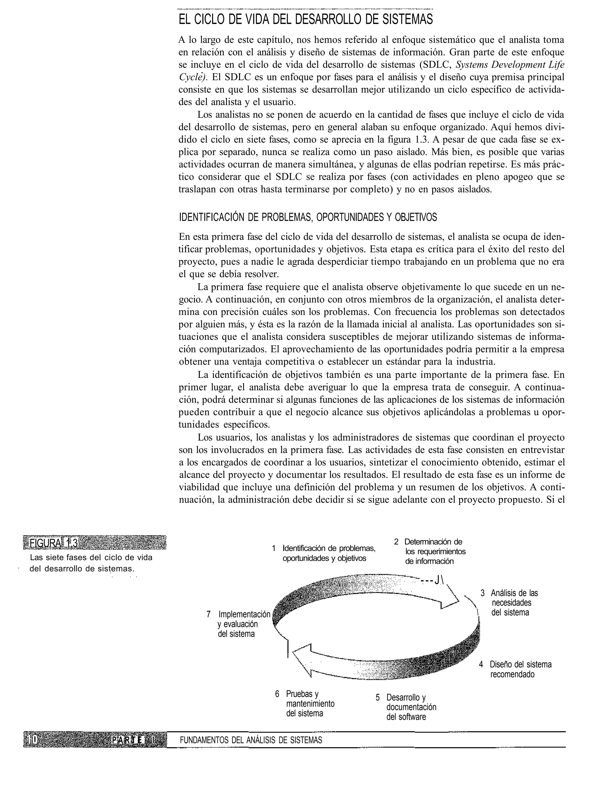 EL CICLO DE VIDA DEL DESARROLLO DE SISTEMAS
                                        A lo largo de este capítulo, nos hemos referido al enfoque sistemático que el analista toma
                                        en relación con el análisis y diseño de sistemas de información. Gran parte de este enfoque
                                        se incluye en el ciclo de vida del desarrollo de sistemas (SDLC, Systems Development Life
                                        Cycle). El SDLC es un enfoque por fases para el análisis y el diseño cuya premisa principal
                                        consiste en que los sistemas se desarrollan mejor utilizando un ciclo específico de activida-
                                        des del analista y el usuario.
                                             Los analistas no se ponen de acuerdo en la cantidad de fases que incluye el ciclo de vida
                                        del desarrollo de sistemas, pero en general alaban su enfoque organizado. Aquí hemos divi-
                                        dido el ciclo en siete fases, como se aprecia en la figura 1.3. A pesar de que cada fase se ex-
                                        plica por separado, nunca se realiza como un paso aislado. Más bien, es posible que varias
                                        actividades ocurran de manera simultánea, y algunas de ellas podrían repetirse. Es más prác-
                                        tico considerar que el SDLC se realiza por fases (con actividades en pleno apogeo que se
                                        traslapan con otras hasta terminarse por completo) y no en pasos aislados.

                                        IDENTIFICACIÓN DE PROBLEMAS, OPORTUNIDADES Y OBJETIVOS
                                        En esta primera fase del ciclo de vida del desarrollo de sistemas, el analista se ocupa de iden-
                                        tificar problemas, oportunidades y objetivos. Esta etapa es crítica para el éxito del resto del
                                        proyecto, pues a nadie le agrada desperdiciar tiempo trabajando en un problema que no era
                                        el que se debía resolver.
                                              La primera fase requiere que el analista observe objetivamente lo que sucede en un ne-
                                        gocio. A continuación, en conjunto con otros miembros de la organización, el analista deter-
                                        mina con precisión cuáles son los problemas. Con frecuencia los problemas son detectados
                                        por alguien más, y ésta es la razón de la llamada inicial al analista. Las oportunidades son si-
                                        tuaciones que el analista considera susceptibles de mejorar utilizando sistemas de informa-
                                        ción computarizados. El aprovechamiento de las oportunidades podría permitir a la empresa
                                        obtener una ventaja competitiva o establecer un estándar para la industria.
                                              La identificación de objetivos también es una parte importante de la primera fase. En
                                        primer lugar, el analista debe averiguar lo que la empresa trata de conseguir. A continua-
                                        ción, podrá determinar si algunas funciones de las aplicaciones de los sistemas de información
                                        pueden contribuir a que el negocio alcance sus objetivos aplicándolas a problemas u opor-
                                        tunidades específicos.
                                              Los usuarios, los analistas y los administradores de sistemas que coordinan el proyecto
                                        son los involucrados en la primera fase. Las actividades de esta fase consisten en entrevistar
                                        a los encargados de coordinar a los usuarios, sintetizar el conocimiento obtenido, estimar el
                                        alcance del proyecto y documentar los resultados. El resultado de esta fase es un informe de
                                        viabilidad que incluye una definición del problema y un resumen de los objetivos. A conti-
                                        nuación, la administración debe decidir si se sigue adelante con el proyecto propuesto. Si el



FIGURA 1.3                                                                                         2 Determinación de
                                                                  1 Identificación de problemas,     los requerimientos
Las siete fases del ciclo de vida                                   oportunidades y objetivos        de información
del desarrollo de sistemas.
                                                                                                          ---J
                                                                                                                           3 Análisis de las
                                                                                                                             necesidades
                                               7 Implementación                                                            del sistema
                                                 y evaluación
                                                 del sistema


                                                                                                                          4 Diseño del sistema
                                                                                                                            recomendado

                                                                   6 Pruebas y                 5 Desarrollo y
                                                                     mantenimiento               documentación
                                                                     del sistema                 del software

                      PARTE         I   FUNDAMENTOS DEL ANÁLISIS DE SISTEMAS
 
