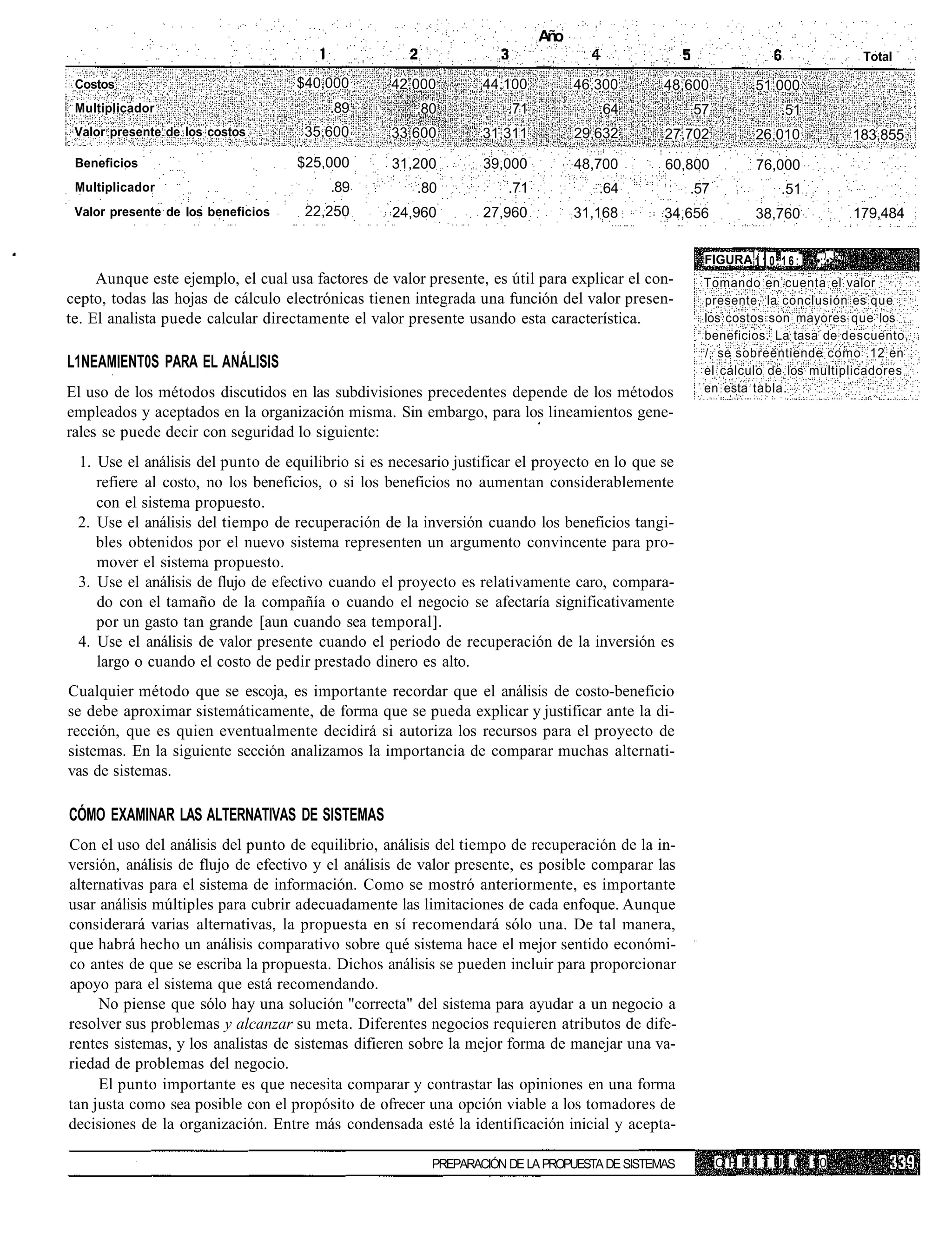 Año
                                                                                                                                        Total

 Costos                             $40,000       42,000         44,100          46,300       48,600            51,000
 Multiplicador                           .89          .80            .71            .64            .57                .51
 Valor presente de los costos        35,600       33,600         31,311          29,632       27,702            26,010                 183,855
 Beneficios                         $25,000       31,200         39,000          48,700       60,800            76,000
 Multiplicador                           .89          .80            .71            .64            .57                .51
 Valor presente de los beneficios    22,250       24,960         27,960          31,168       34,656            38,760                 179,484


                                                                                                     FIGURA 1 1 0 . 1 6 : •••;:•>.•'
     Aunque este ejemplo, el cual usa factores de valor presente, es útil para explicar el con-      Tomando en cuenta el valor
cepto, todas las hojas de cálculo electrónicas tienen integrada una función del valor presen-        presente, la conclusión es que
te. El analista puede calcular directamente el valor presente usando esta característica.            los costos son mayores que los
                                                                                                     beneficios. La tasa de descuento,
                                                                                                     /, se sobreentiende como .12 en
L1NEAMIENT0S PARA EL ANÁLISIS                                                                        el cálculo de los multiplicadores
El uso de los métodos discutidos en las subdivisiones precedentes depende de los métodos             en esta tabla.
empleados y aceptados en la organización misma. Sin embargo, para los lineamientos gene-
rales se puede decir con seguridad lo siguiente:
 1. Use el análisis del punto de equilibrio si es necesario justificar el proyecto en lo que se
    refiere al costo, no los beneficios, o si los beneficios no aumentan considerablemente
    con el sistema propuesto.
 2. Use el análisis del tiempo de recuperación de la inversión cuando los beneficios tangi-
    bles obtenidos por el nuevo sistema representen un argumento convincente para pro-
    mover el sistema propuesto.
 3. Use el análisis de flujo de efectivo cuando el proyecto es relativamente caro, compara-
    do con el tamaño de la compañía o cuando el negocio se afectaría significativamente
    por un gasto tan grande [aun cuando sea temporal].
 4. Use el análisis de valor presente cuando el periodo de recuperación de la inversión es
    largo o cuando el costo de pedir prestado dinero es alto.
Cualquier método que se escoja, es importante recordar que el análisis de costo-beneficio
se debe aproximar sistemáticamente, de forma que se pueda explicar y justificar ante la di-
rección, que es quien eventualmente decidirá si autoriza los recursos para el proyecto de
sistemas. En la siguiente sección analizamos la importancia de comparar muchas alternati-
vas de sistemas.

CÓMO EXAMINAR LAS ALTERNATIVAS DE SISTEMAS
Con el uso del análisis del punto de equilibrio, análisis del tiempo de recuperación de la in-
versión, análisis de flujo de efectivo y el análisis de valor presente, es posible comparar las
alternativas para el sistema de información. Como se mostró anteriormente, es importante
usar análisis múltiples para cubrir adecuadamente las limitaciones de cada enfoque. Aunque
considerará varias alternativas, la propuesta en sí recomendará sólo una. De tal manera,
que habrá hecho un análisis comparativo sobre qué sistema hace el mejor sentido económi-
co antes de que se escriba la propuesta. Dichos análisis se pueden incluir para proporcionar
apoyo para el sistema que está recomendando.
     No piense que sólo hay una solución "correcta" del sistema para ayudar a un negocio a
resolver sus problemas y alcanzar su meta. Diferentes negocios requieren atributos de dife-
rentes sistemas, y los analistas de sistemas difieren sobre la mejor forma de manejar una va-
riedad de problemas del negocio.
     El punto importante es que necesita comparar y contrastar las opiniones en una forma
tan justa como sea posible con el propósito de ofrecer una opción viable a los tomadores de
decisiones de la organización. Entre más condensada esté la identificación inicial y acepta-

                                                         PREPARACIÓN DE LA PROPUESTA DE SISTEMAS         C H P I T U I 0 10
 