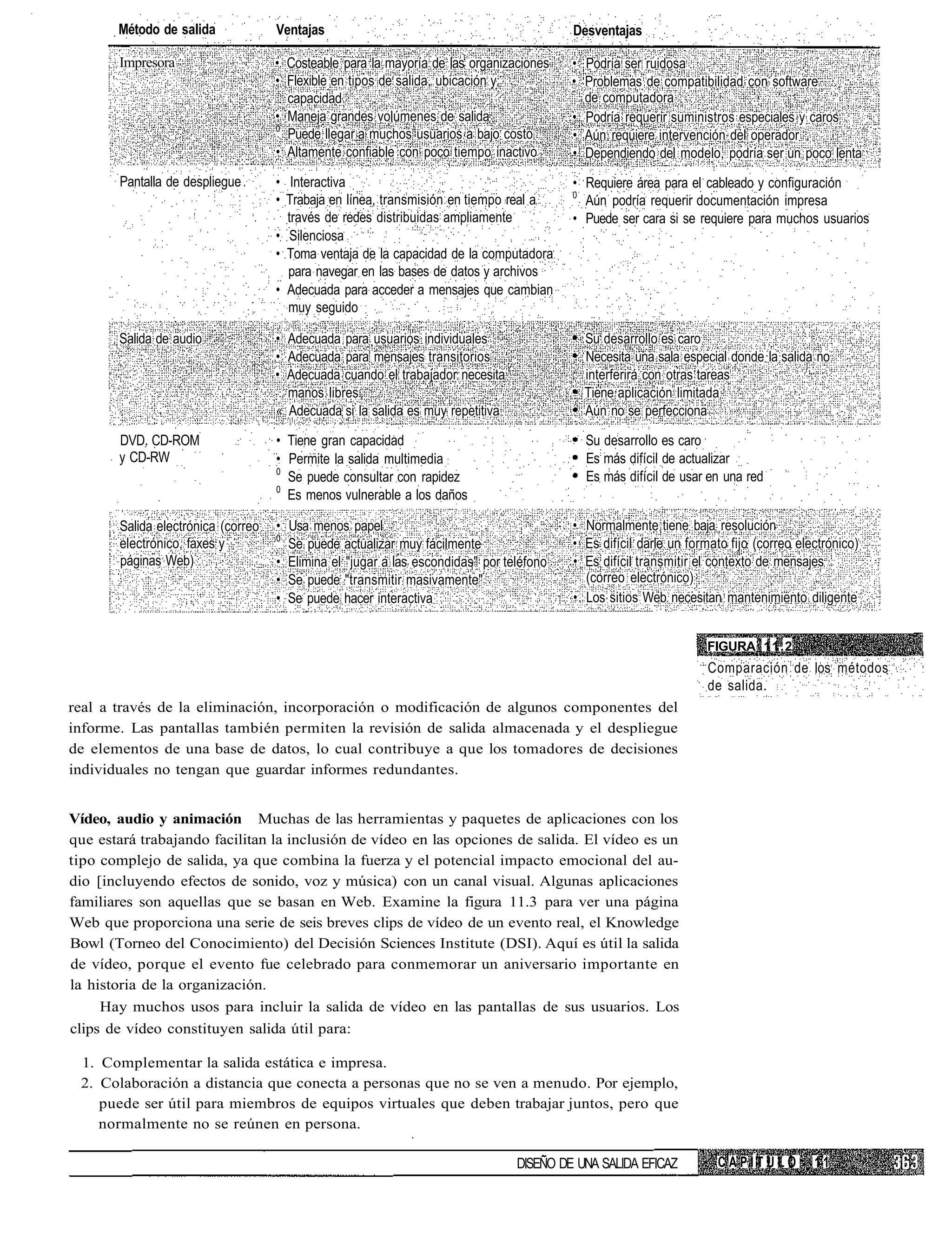 Método de salida             Ventajas                                             Desventajas

       Impresora                    • Costeable para la mayoría de las organizaciones    • Podría ser ruidosa
                                    • Flexible en tipos de salida, ubicación y           • Problemas de compatibilidad con software
                                      capacidad                                            de computadora
                                    • Maneja grandes volúmenes de salida                 • Podría requerir suministros especiales y caros
                                    0
                                      Puede llegar a muchos usuarios a bajo costo        • Aún requiere intervención del operador
                                    • Altamente confiable con poco tiempo inactivo       • Dependiendo del modelo, podría ser un poco lenta
       Pantalla de despliegue       • Interactiva                                        • Requiere área para el cableado y configuración
                                                                                         0
                                    • Trabaja en línea, transmisión en tiempo real a       Aún podría requerir documentación impresa
                                      través de redes distribuidas ampliamente           • Puede ser cara si se requiere para muchos usuarios
                                    • Silenciosa
                                    • Toma ventaja de la capacidad de la computadora
                                      para navegar en las bases de datos y archivos
                                    • Adecuada para acceder a mensajes que cambian
                                      muy seguido

       Salida de audio              • Adecuada para usuarios individuales                  Su desarrollo es caro
                                    • Adecuada para mensajes transitorios                  Necesita una sala especial donde la salida no
                                    • Adecuada cuando el trabajador necesita               interferirá con otras tareas
                                      manos libres                                         Tiene aplicación limitada
                                    « Adecuada si la salida es muy repetitiva              Aún no se perfecciona

       DVD. CD-ROM                  • Tiene gran capacidad                                 Su desarrollo es caro
       y CD-RW                      • Permite la salida multimedia                         Es más difícil de actualizar
                                    0
                                      Se puede consultar con rapidez                       Es más difícil de usar en una red
                                    0
                                      Es menos vulnerable a los daños

       Salida electrónica (correo   • Usa menos papel                                    • Normalmente tiene baja resolución
                                    0
       electrónico, faxes y           Se puede actualizar muy fácilmente                 • Es difícil darle un formato fijo (correo electrónico)
       páginas Web)                 • Elimina el "jugar a las escondidas" por teléfono   • Es difícil transmitir el contexto de mensajes
                                    • Se puede "transmitir masivamente"                    (correo electrónico)
                                    • Se puede hacer interactiva                         • Los sitios Web necesitan mantenimiento diligente


                                                                                                                  FIGURA 11.2
                                                                                                                   Comparación de los métodos
                                                                                                                   de salida.
real a través de la eliminación, incorporación o modificación de algunos componentes del
informe. Las pantallas también permiten la revisión de salida almacenada y el despliegue
de elementos de una base de datos, lo cual contribuye a que los tomadores de decisiones
individuales no tengan que guardar informes redundantes.


Vídeo, audio y animación Muchas de las herramientas y paquetes de aplicaciones con los
que estará trabajando facilitan la inclusión de vídeo en las opciones de salida. El vídeo es un
tipo complejo de salida, ya que combina la fuerza y el potencial impacto emocional del au-
dio [incluyendo efectos de sonido, voz y música) con un canal visual. Algunas aplicaciones
familiares son aquellas que se basan en Web. Examine la figura 11.3 para ver una página
Web que proporciona una serie de seis breves clips de vídeo de un evento real, el Knowledge
Bowl (Torneo del Conocimiento) del Decisión Sciences Institute (DSI). Aquí es útil la salida
de vídeo, porque el evento fue celebrado para conmemorar un aniversario importante en
la historia de la organización.
     Hay muchos usos para incluir la salida de vídeo en las pantallas de sus usuarios. Los
clips de vídeo constituyen salida útil para:

 1. Complementar la salida estática e impresa.
 2. Colaboración a distancia que conecta a personas que no se ven a menudo. Por ejemplo,
    puede ser útil para miembros de equipos virtuales que deben trabajar juntos, pero que
    normalmente no se reúnen en persona.

                                                                                DISEÑO DE UNA SALIDA EFICAZ         CAPÍTULO           11
 