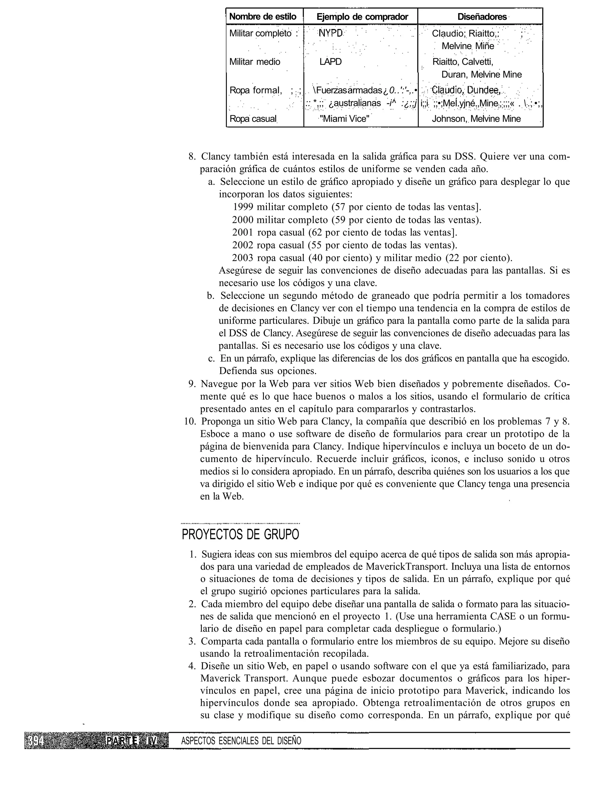 Nombre de estilo         Ejemplo de comprador                        Diseñadores
                        Militar completo :                                           Claudio; Riaitto,:         ;:
                                                                                       Melvine Miñe :
                        Militar medio             LAPD                               Riaitto, Calvetti,
                                                                                       Duran, Melvine Mine
                         Ropa formal, ; : ;       Fuerzas armadas ¿ 0. .':'-,.•
                                              :: *,;; ¿australianas -i^ :¿;;j i;;i: ;;•;MeÍ.yjné.,Mine;;;;;;« . :.; •;,
                         Ropa casual              "Miami Vice"                       Johnson, Melvine Mine



              8. Clancy también está interesada en la salida gráfica para su DSS. Quiere ver una com-
                 paración gráfica de cuántos estilos de uniforme se venden cada año.
                   a. Seleccione un estilo de gráfico apropiado y diseñe un gráfico para desplegar lo que
                      incorporan los datos siguientes:
                          1999 militar completo (57 por ciento de todas las ventas].
                         2000 militar completo (59 por ciento de todas las ventas).
                         2001 ropa casual (62 por ciento de todas las ventas].
                         2002 ropa casual (55 por ciento de todas las ventas).
                         2003 ropa casual (40 por ciento) y militar medio (22 por ciento).
                      Asegúrese de seguir las convenciones de diseño adecuadas para las pantallas. Si es
                      necesario use los códigos y una clave.
                  b. Seleccione un segundo método de graneado que podría permitir a los tomadores
                      de decisiones en Clancy ver con el tiempo una tendencia en la compra de estilos de
                      uniforme particulares. Dibuje un gráfico para la pantalla como parte de la salida para
                      el DSS de Clancy. Asegúrese de seguir las convenciones de diseño adecuadas para las
                      pantallas. Si es necesario use los códigos y una clave.
                   c. En un párrafo, explique las diferencias de los dos gráficos en pantalla que ha escogido.
                      Defienda sus opciones.
              9. Navegue por la Web para ver sitios Web bien diseñados y pobremente diseñados. Co-
                 mente qué es lo que hace buenos o malos a los sitios, usando el formulario de crítica
                 presentado antes en el capítulo para compararlos y contrastarlos.
             10. Proponga un sitio Web para Clancy, la compañía que describió en los problemas 7 y 8.
                 Esboce a mano o use software de diseño de formularios para crear un prototipo de la
                 página de bienvenida para Clancy. Indique hipervínculos e incluya un boceto de un do-
                 cumento de hipervínculo. Recuerde incluir gráficos, iconos, e incluso sonido u otros
                 medios si lo considera apropiado. En un párrafo, describa quiénes son los usuarios a los que
                 va dirigido el sitio Web e indique por qué es conveniente que Clancy tenga una presencia
                 en la Web.


             PROYECTOS DE GRUPO
              1. Sugiera ideas con sus miembros del equipo acerca de qué tipos de salida son más apropia-
                 dos para una variedad de empleados de MaverickTransport. Incluya una lista de entornos
                 o situaciones de toma de decisiones y tipos de salida. En un párrafo, explique por qué
                 el grupo sugirió opciones particulares para la salida.
              2. Cada miembro del equipo debe diseñar una pantalla de salida o formato para las situacio-
                 nes de salida que mencionó en el proyecto 1. (Use una herramienta CASE o un formu-
                 lario de diseño en papel para completar cada despliegue o formulario.)
              3. Comparta cada pantalla o formulario entre los miembros de su equipo. Mejore su diseño
                 usando la retroalimentación recopilada.
              4. Diseñe un sitio Web, en papel o usando software con el que ya está familiarizado, para
                 Maverick Transport. Aunque puede esbozar documentos o gráficos para los hiper-
                 vínculos en papel, cree una página de inicio prototipo para Maverick, indicando los
                 hipervínculos donde sea apropiado. Obtenga retroalimentación de otros grupos en
                 su clase y modifique su diseño como corresponda. En un párrafo, explique por qué

PARTE   IV   ASPECTOS ESENCIALES DEL DISEÑO
 