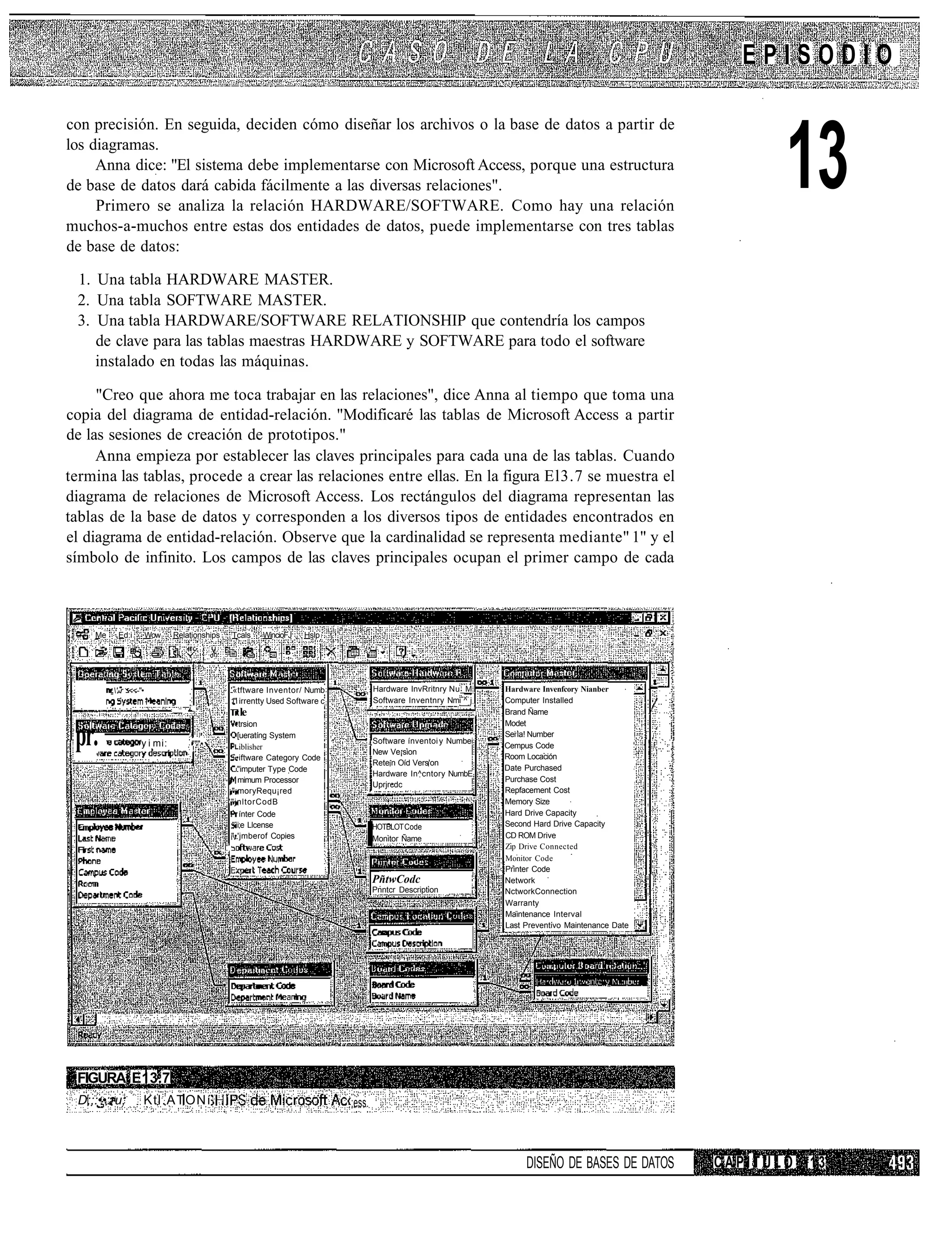 EPISODIO

con precisión. En seguida, deciden cómo diseñar los archivos o la base de datos a partir de
los diagramas.
     Anna dice: "El sistema debe implementarse con Microsoft Access, porque una estructura
de base de datos dará cabida fácilmente a las diversas relaciones".
     Primero se analiza la relación HARDWARE/SOFTWARE. Como hay una relación
muchos-a-muchos entre estas dos entidades de datos, puede implementarse con tres tablas
                                                                                                                                                                   13
de base de datos:

 1. Una tabla HARDWARE MASTER.
 2. Una tabla SOFTWARE MASTER.
 3. Una tabla HARDWARE/SOFTWARE RELATIONSHIP que contendría los campos
    de clave para las tablas maestras HARDWARE y SOFTWARE para todo el software
    instalado en todas las máquinas.

     "Creo que ahora me toca trabajar en las relaciones", dice Anna al tiempo que toma una
copia del diagrama de entidad-relación. "Modificaré las tablas de Microsoft Access a partir
de las sesiones de creación de prototipos."
     Anna empieza por establecer las claves principales para cada una de las tablas. Cuando
termina las tablas, procede a crear las relaciones entre ellas. En la figura El3.7 se muestra el
diagrama de relaciones de Microsoft Access. Los rectángulos del diagrama representan las
tablas de la base de datos y corresponden a los diversos tipos de entidades encontrados en
el diagrama de entidad-relación. Observe que la cardinalidad se representa mediante" 1" y el
símbolo de infinito. Los campos de las claves principales ocupan el primer campo de cada



    Me    Ed:i        Wow   Relationships           Tcals    WincioFJ     Hslp




         '-r <<-"•                                 '«tftware Inventor/ Numb                Hardware InvRritnry Nu_M     Hardware Invenfcory Nianber
                                                    1"'i irrentty Used Software c           Software Inventnry Nmi ^ j   Computer Installed
                            — '                      le                                                                 Brand Ñame
                                                        trsion                                                           Modet

 pr.              y i mi:         """•
                                      ]                [ueratíng System
                                                        iblisher
                                                                                            Software ínventoi y Numbei
                                                                                            New Ve¡sion
                                                                                                                         Sei la! Number
                                                                                                                         Cempus Code

                                  I                    •iftware Category Code
                                                       "imputer Type Code
                                                                                            Rete n Oíd Vers'on
                                                                                                                         Room Locación
                                                                                                                         Date Purchased
                                                                                            Hardware In^cntory NumbE
                                                    ¡ mimum Processor                                                    Purchase Cost
                                                                                            Uprjrcdc
                                                    ¡";moryRequ¡red                                                      Repfacement Cost
                                                    '"jnltorCodB                                                         Memory Size
                                                        ínter Code                                                       Hard Drive Capacity
                                                                                                                         Second Hard Drive Capacity

                                                                                       I
                                                     " i;e Llcense                          HOTBLOT Code
                                                     "•'jmberof Copies                      Monitor Ñame                 CD ROM Drive
                                                                                                                         Zip Drive Connected
                                              i'"
                                                                                                                         Monitor Code
                                                                                                                         Printer Code
                                                                                            PñtwCodc                     Network
                                                                                            Pnntcr Description           NctworkConnection
                                                                                                                         Warranty
                                                                                                                         Maintenance Interval
                                                                                                                         Last Preventivo Maintenance Date




 FIGURA E13.7
 D;;:••.ru;       Ktl.ATONí                                                         ;ess.



                                                                                                                              DISEÑO DE BASES DE DATOS      CAPÍTULO   13
 