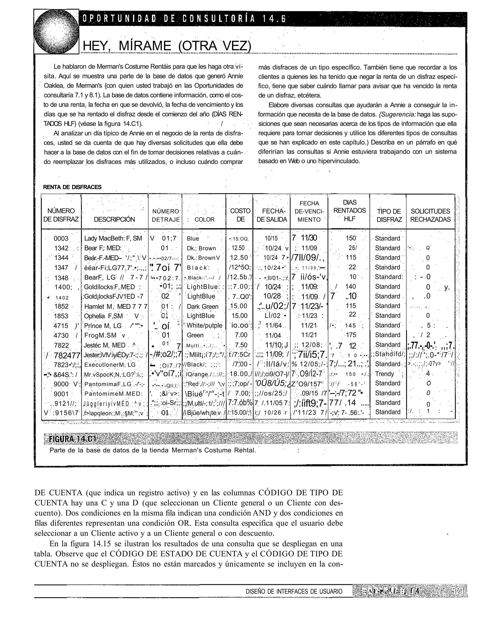 HEY, MÍRAME (OTRA VEZ)
      Le hablaron de Merman's Costume Rentáis para que les haga otra vi-                               más disfraces de un tipo específico. También tiene que recordar a los
  sita. Aquí se muestra una parte de la base de datos que generó Anníe                                 clientes a quienes les ha tenido que negar la renta de un disfraz especí-
  Oaklea, de Merman's {con quien usted trabajó en las Oportunidades de                                 fico, tiene que saber cuándo llamar para avisar que ha vencido la renta
  consultaría 7.1 y 8.1). La base de datos contiene información, como el cos-                          de un disfraz, etcétera.
  to de una renta, la fecha en que se devolvió, la fecha de vencimiento y los                               Elabore diversas consultas que ayudarán a Annie a conseguir la in-
  días que se ha rentado el disfraz desde el comienzo del año (DÍAS REN-                               formación que necesita de la base de datos. {Sugerencia: haga las supo-
  TADOS HLF) (véase la figura 14.C1).                                /                                 siciones que sean necesarias acerca de los tipos de información que ella
      Al analizar un día típico de Annie en el negocio de la renta de disfra-                          requiere para tomar decisiones y utilice los diferentes tipos de consultas
  ces, usted se da cuenta de que hay diversas solicitudes que ella debe                                que se han explicado en este capítulo.) Describa en un párrafo en qué
  hacer a la base de datos con el fin de tomar decisiones relativas a cuán-                            diferirían las consultas si Annie estuviera trabajando con un sistema
  do reemplazar los disfraces más utilizados, o incluso cuándo comprar                                 basado en Web o uno hipervinculado.


  RENTA DE DISFRACES

                                                                                                                          FECHA              DlAS
   NÚMERO                                            NÚMERO                               COSTO  FECHA-                  DE-VENCI-         RENTADOS             TIPO DE        SOLICITUDES
  DE DISFRAZ             DESCRIPCIÓN                 DETRAJE          :   COLOR             DE  DE SALIDA                 MIENTO :            HLF               DISFRAZ        RECHAZADAS

      0003        Lady MacBeth: F, SM V 01;7                      Blue :       :          •:15:OQ.                    10/15      7 11/30                     150     Standard    -   -   .   .    .    2   .   •   -   '   .




      1342     : Bear F,: MED: ;                        01        Dk.; Brown                        12.50             10/24 v ; 11/09                          26/   Standard '•:.     Q
                                                                                                                                                           :
      1344  :
                  Beár.-F.-MED-- ' / ; " ;  ; V •.•-••02/7---: Dk.: Brown V                      12.50 :             10/24 7 -• /7ll/09/. ,                 115     Standard          0
      1347    / ééar-Fi;LG77,7'.•;.,,; "' 7oi 7' B l a c k : :
                                                  .                                               /12^5O: .:, 1 0 / 2 4 •' : . •:, 1 1 / 0 9 ; '.••••:         22    Standard          0
      1348 : BearF, LG // 7 - 7 / '•• • 7 0 2 : 7 . •.Black-:'.--/ ./                            /12.5b .'/ - •;ll/01-.;:r; 7 ii/ós-'v,                        10    Standard:     : - 0
      1400; , Goldílocks:F,:MED :                      • 01; ;.:; LightBIue: :                   : : 7 . 0 0 : : /: 10/24 : ; 11/09:                     / 140       Standard          0      y.
     ••'
       1402      :Gold¡locksFJV1ED -7                   02 ' : LightBIue                         . 7..Q0':            10/28 ; : 11/09 / 7 ..10                       Standard   , .0
      1852        Hamlet M, MED 7 7 7                   01 : / Dark Green                         15.00 .;'.. u/02;/ 7 11/23/- '                             115     Standard   • ' - • •        3 :                           .   ;




                                                                                                                                                               22  :
      1853        Ophelia F,SM          V                         LightBIue                        15.00              LÍ/02 •         : 11/23 :                      Standard          0
      4715 )' Prínce M, LG /' '"':•                '..: oí :; ' White/putple                       io.oo : : ;? 11/64                  11/21           /•;   145 ;   Standard        . 5 :      .
      4730 / FrogM.SM v                                 01        Green      ;                        7.00            11/04             11/21                175     Standard    , / 2         .
           7822          Jestéc M, MED ^                  • 0 1 7 . M u l t i . . • , . / ; . . • 7.50                11/10; J ;; 12/08; '. .7 12                    Standard ;.77.-,;-0-.': ,,;7.
    / 782477 Jester;iVlV:iyiÉDy:7-:; .;: /
                                                   ;
                                                       -:/#;o2/;;7 :;:Mlilt¡;í:7;/;:"/, t:/7:5Cr :.;:;; 11/09; :/ ;;:7ii/i5;7. 7 . 1 0 •;••; ;;Stahdífd/; ;;/:// : ';.0-* ; /7 :; /
                                                                                                                   ::                                                                             ;
           7823 •':/;:;, ExecutlonerM, LG              •'•••• ; O i 7 . / 7 //Black/; ; : ;; :
                                                                                               ;
                                                                                                     /7'00 - / :ll/lá/v: % 12/05;/-; 7;/...; 21..; .', Standard ; >.-;.;: ¡ /;-07v> ' //
                                                                                                                                   ;               ::
  ••,':'• &64S.': / :Mr.vSpocK;N,:LG?!:í!;; .•'v''oí7,;i : íQrange./ : :.://;. 18.00,/ í//;/;ci9/O7-|/ 7 :.O9/Í2-7 ;/;•• 1 5 0 •:/.; Trendy ;
                                                                             :

                                                                                                   :         :
           9000 V:; PantomimaF,LG .-/'-;- •"••.• : -Qlí;í; ; : ;;"Red;,//:-;/// ';v :; ;7;op/ - '0Ü8/Ú5;¿Z :r O9/157' : : // :: / : - 5 6 ' - '                     Standard          Ó
                                                                  ;:                r: v                       :                 : :                         :
           9001          P a n t o m i m e M . M E D : '. ;&i v>:: Biué '/' -;-t / 7.00; ;;//os/25;/                                : .09/15 /7 '--;-/7; 72 "•      Standard          0
         ..9121//; J ü g g l e r i y i v M É D ^ v : ; .";;;:; :oi-Sr;;: ;;/M.ulti/-; t/; ;/// 7:7.ób% 7 /.11/05 7: ;/:íift9;7- 77/ .14 ..... Standard
                                                                                             !
                                                                                                                                                                                       0
  V : :91567 : ,f>lapqleon:;M:,:§M;v':;v ;                                 /i:Bjüe/wh¡te:v / /:15.00/;!: i;;/ 1 0 / 2 6 r /'11/23 7 / :-;:v': 7- .56:.'- . Standard :/. : 1 :                     --




    Parte de la base de datos de la tienda Merman's Costume Rehtal.                                                       :




DE CUENTA (que indica un registro activo) y en las columnas CÓDIGO DE TIPO DE
CUENTA hay una C y una D (que seleccionan un Cliente general o un Cliente con des-
cuento). Dos condiciones en la misma fila indican una condición AND y dos condiciones en
filas diferentes representan una condición OR. Esta consulta especifica que el usuario debe
seleccionar a un Cliente activo y a un Cliente general o con descuento.
      En la figura 14.15 se ilustran los resultados de una consulta que se despliegan en una
tabla. Observe que el CÓDIGO DE ESTADO DE CUENTA y el CÓDIGO DE TIPO DE
CUENTA no se despliegan. Éstos no están marcados y únicamente se incluyen en la con-


                                                                                                  DISEÑO DE INTERFACES DE USUARIO                        :: A F- • ~< .1;. :¡ 1
 