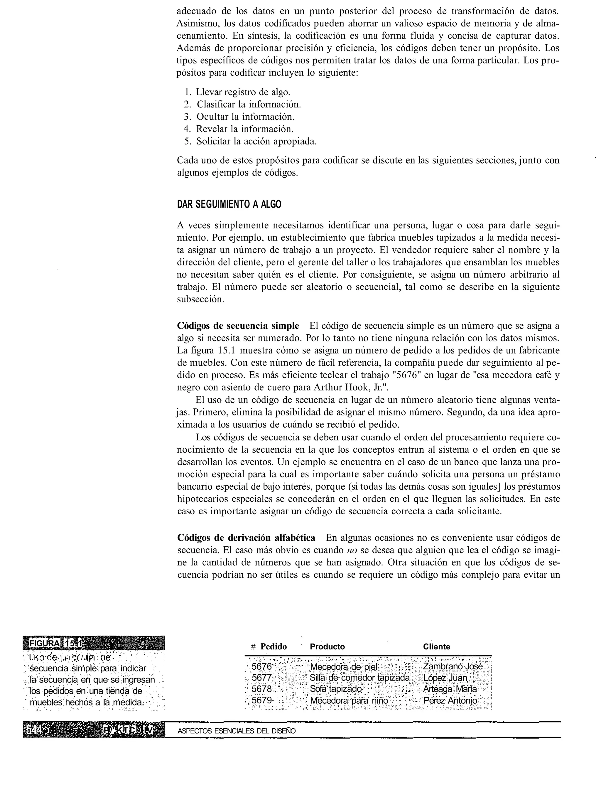 adecuado de los datos en un punto posterior del proceso de transformación de datos.
                                        Asimismo, los datos codificados pueden ahorrar un valioso espacio de memoria y de alma-
                                        cenamiento. En síntesis, la codificación es una forma fluida y concisa de capturar datos.
                                        Además de proporcionar precisión y eficiencia, los códigos deben tener un propósito. Los
                                        tipos específicos de códigos nos permiten tratar los datos de una forma particular. Los pro-
                                        pósitos para codificar incluyen lo siguiente:
                                         1.   Llevar registro de algo.
                                         2.   Clasificar la información.
                                         3.   Ocultar la información.
                                         4.   Revelar la información.
                                         5.   Solicitar la acción apropiada.
                                        Cada uno de estos propósitos para codificar se discute en las siguientes secciones, junto con
                                        algunos ejemplos de códigos.


                                        DAR SEGUIMIENTO A ALGO
                                        A veces simplemente necesitamos identificar una persona, lugar o cosa para darle segui-
                                        miento. Por ejemplo, un establecimiento que fabrica muebles tapizados a la medida necesi-
                                        ta asignar un número de trabajo a un proyecto. El vendedor requiere saber el nombre y la
                                        dirección del cliente, pero el gerente del taller o los trabajadores que ensamblan los muebles
                                        no necesitan saber quién es el cliente. Por consiguiente, se asigna un número arbitrario al
                                        trabajo. El número puede ser aleatorio o secuencial, tal como se describe en la siguiente
                                        subsección.

                                        Códigos de secuencia simple El código de secuencia simple es un número que se asigna a
                                        algo si necesita ser numerado. Por lo tanto no tiene ninguna relación con los datos mismos.
                                        La figura 15.1 muestra cómo se asigna un número de pedido a los pedidos de un fabricante
                                        de muebles. Con este número de fácil referencia, la compañía puede dar seguimiento al pe-
                                        dido en proceso. Es más eficiente teclear el trabajo "5676" en lugar de "esa mecedora café y
                                        negro con asiento de cuero para Arthur Hook, Jr.".
                                             El uso de un código de secuencia en lugar de un número aleatorio tiene algunas venta-
                                        jas. Primero, elimina la posibilidad de asignar el mismo número. Segundo, da una idea apro-
                                        ximada a los usuarios de cuándo se recibió el pedido.
                                              Los códigos de secuencia se deben usar cuando el orden del procesamiento requiere co-
                                        nocimiento de la secuencia en la que los conceptos entran al sistema o el orden en que se
                                        desarrollan los eventos. Un ejemplo se encuentra en el caso de un banco que lanza una pro-
                                        moción especial para la cual es importante saber cuándo solicita una persona un préstamo
                                        bancario especial de bajo interés, porque (si todas las demás cosas son iguales] los préstamos
                                        hipotecarios especiales se concederán en el orden en el que lleguen las solicitudes. En este
                                        caso es importante asignar un código de secuencia correcta a cada solicitante.

                                        Códigos de derivación alfabética En algunas ocasiones no es conveniente usar códigos de
                                        secuencia. El caso más obvio es cuando no se desea que alguien que lea el código se imagi-
                                        ne la cantidad de números que se han asignado. Otra situación en que los códigos de se-
                                        cuencia podrían no ser útiles es cuando se requiere un código más complejo para evitar un




FIGURA 15.1                                                # Pedido       Producto                    Cliente
.K. . •   IJ-I   . /J , : i
secuencia simple para indicar                              5676           Mecedora de piel            Zambrano José
la secuencia en que se ingresan                            5677           Silla de comedor tapizada   López Juan
los pedidos en una tienda de                               5678           Sofá tapizado               Arteaga María
muebles hechos a la medida.                                5679           Mecedora para niño          Pérez Antonio


                          P/.KTC   IV   ASPECTOS ESENCIALES DEL DISEÑO
 
