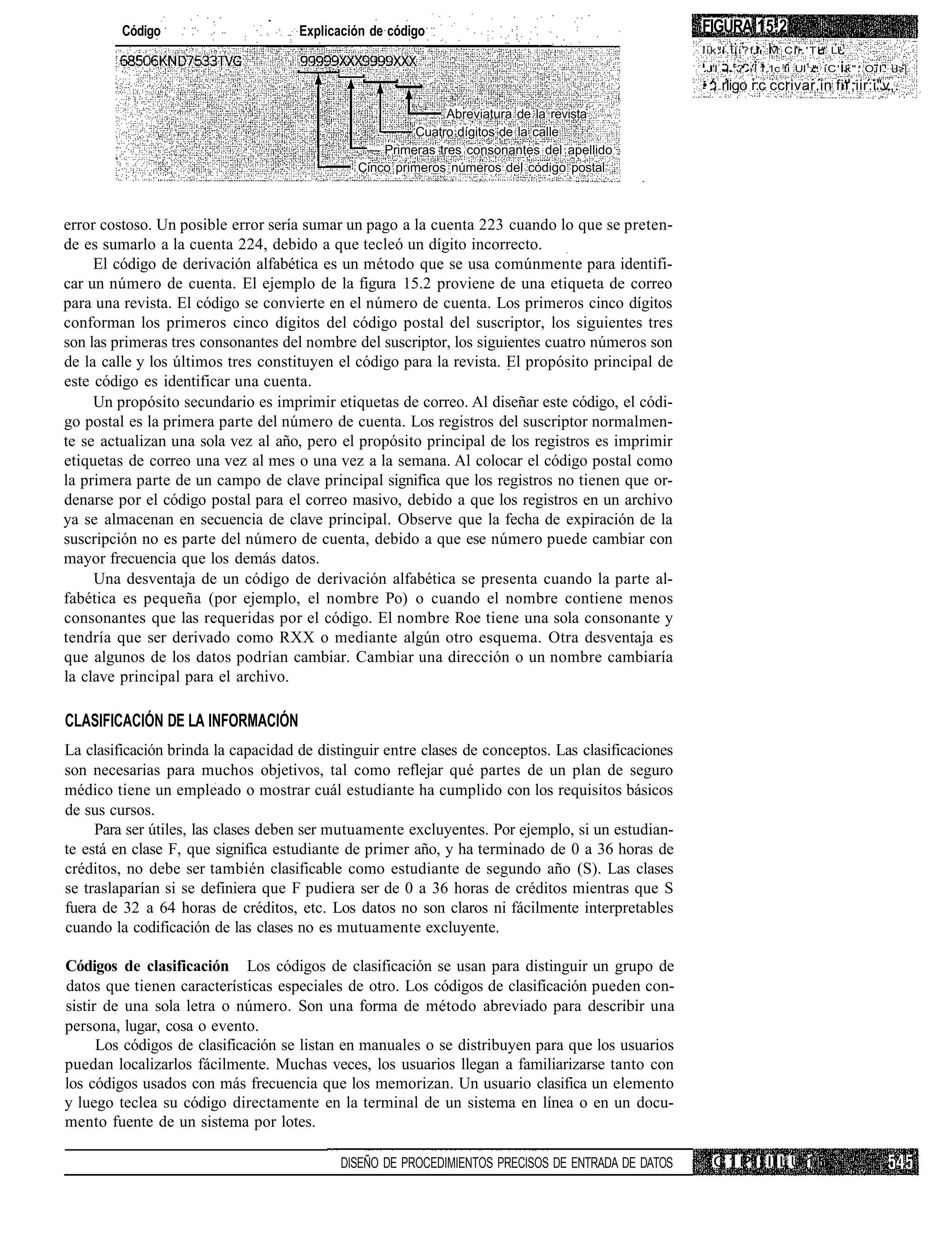 Código                      Explicación de código                                          FIGURA 15.2
                                                                                                    ' i k " l . i | i ? f ' M C l i . ' T l " L"1
                                                                                                    .J'l -l. c ?. ' 1,1c ti UI1.". i C ' . k " . O i l . I>|
                                                                                                    • :. rligo r:c ccrivar.in fi'';iir:i"v,.
                                                             Abreviatura de la revista
                                                        Cuatro dígitos de la calle
                                               — Primeras tres consonantes del apellido
                                              Cinco primeros números del código postal



error costoso. Un posible error sería sumar un pago a la cuenta 223 cuando lo que se preten-
de es sumarlo a la cuenta 224, debido a que tecleó un dígito incorrecto.
     El código de derivación alfabética es un método que se usa comúnmente para identifi-
car un número de cuenta. El ejemplo de la figura 15.2 proviene de una etiqueta de correo
para una revista. El código se convierte en el número de cuenta. Los primeros cinco dígitos
conforman los primeros cinco dígitos del código postal del suscriptor, los siguientes tres
son las primeras tres consonantes del nombre del suscriptor, los siguientes cuatro números son
de la calle y los últimos tres constituyen el código para la revista. El propósito principal de
este código es identificar una cuenta.
     Un propósito secundario es imprimir etiquetas de correo. Al diseñar este código, el códi-
go postal es la primera parte del número de cuenta. Los registros del suscriptor normalmen-
te se actualizan una sola vez al año, pero el propósito principal de los registros es imprimir
etiquetas de correo una vez al mes o una vez a la semana. Al colocar el código postal como
la primera parte de un campo de clave principal significa que los registros no tienen que or-
denarse por el código postal para el correo masivo, debido a que los registros en un archivo
ya se almacenan en secuencia de clave principal. Observe que la fecha de expiración de la
suscripción no es parte del número de cuenta, debido a que ese número puede cambiar con
mayor frecuencia que los demás datos.
     Una desventaja de un código de derivación alfabética se presenta cuando la parte al-
fabética es pequeña (por ejemplo, el nombre Po) o cuando el nombre contiene menos
consonantes que las requeridas por el código. El nombre Roe tiene una sola consonante y
tendría que ser derivado como RXX o mediante algún otro esquema. Otra desventaja es
que algunos de los datos podrían cambiar. Cambiar una dirección o un nombre cambiaría
la clave principal para el archivo.

CLASIFICACIÓN DE LA INFORMACIÓN
La clasificación brinda la capacidad de distinguir entre clases de conceptos. Las clasificaciones
son necesarias para muchos objetivos, tal como reflejar qué partes de un plan de seguro
médico tiene un empleado o mostrar cuál estudiante ha cumplido con los requisitos básicos
de sus cursos.
     Para ser útiles, las clases deben ser mutuamente excluyentes. Por ejemplo, si un estudian-
te está en clase F, que significa estudiante de primer año, y ha terminado de 0 a 36 horas de
créditos, no debe ser también clasificable como estudiante de segundo año (S). Las clases
se traslaparían si se definiera que F pudiera ser de 0 a 36 horas de créditos mientras que S
fuera de 32 a 64 horas de créditos, etc. Los datos no son claros ni fácilmente interpretables
cuando la codificación de las clases no es mutuamente excluyente.

Códigos de clasificación Los códigos de clasificación se usan para distinguir un grupo de
datos que tienen características especiales de otro. Los códigos de clasificación pueden con-
sistir de una sola letra o número. Son una forma de método abreviado para describir una
persona, lugar, cosa o evento.
      Los códigos de clasificación se listan en manuales o se distribuyen para que los usuarios
puedan localizarlos fácilmente. Muchas veces, los usuarios llegan a familiarizarse tanto con
los códigos usados con más frecuencia que los memorizan. Un usuario clasifica un elemento
y luego teclea su código directamente en la terminal de un sistema en línea o en un docu-
mento fuente de un sistema por lotes.

                                           DISEÑO DE PROCEDIMIENTOS PRECISOS DE ENTRADA DE DATOS       C 1 P I ! II L U 1
 