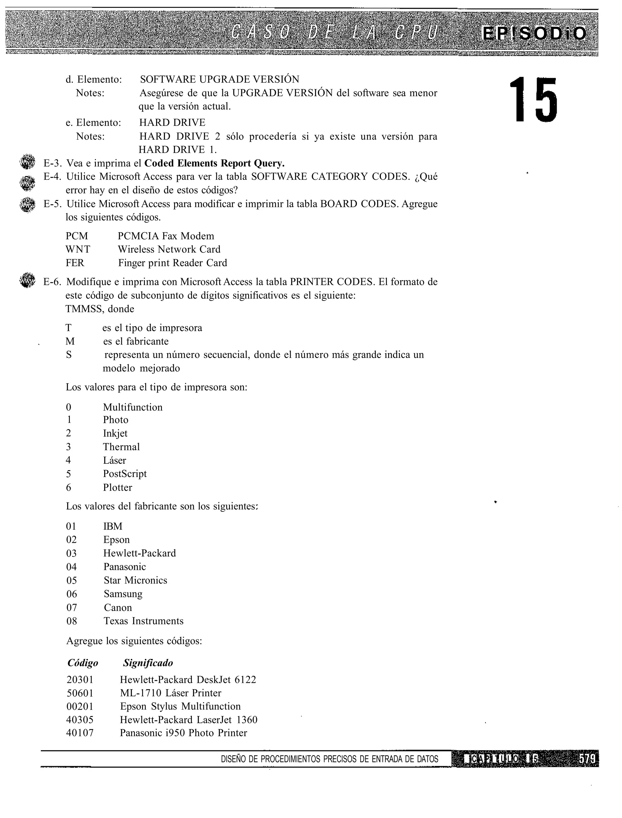 EP!SODiO

    d. Elemento:      SOFTWARE UPGRADE VERSIÓN
       Notes:         Asegúrese de que la UPGRADE VERSIÓN del software sea menor
                      que la versión actual.
    e. Elemento:       HARD DRIVE
       Notes:          HARD DRIVE 2 sólo procedería si ya existe una versión para
                      HARD DRIVE 1.
E-3. Vea e imprima el Coded Elements Report Query.
E-4. Utilice Microsoft Access para ver la tabla SOFTWARE CATEGORY CODES. ¿Qué
     error hay en el diseño de estos códigos?
E-5. Utilice Microsoft Access para modificar e imprimir la tabla BOARD CODES. Agregue
     los siguientes códigos.
    PCM          PCMCIA Fax Modem
    WNT          Wireless Network Card
    FER          Finger print Reader Card
E-6. Modifique e imprima con Microsoft Access la tabla PRINTER CODES. El formato de
     este código de subconjunto de dígitos significativos es el siguiente:
     TMMSS, donde
    T         es el tipo de impresora
    M         es el fabricante
    S         representa un número secuencial, donde el número más grande indica un
              modelo mejorado
    Los valores para el tipo de impresora son:
    0         Multifunction
    1         Photo
    2         Inkjet
    3         Thermal
    4         Láser
    5         PostScript
    6         Plotter
    Los valores del fabricante son los siguientes:
    01        IBM
    02        Epson
    03        Hewlett-Packard
    04        Panasonic
    05        Star Micronics
    06        Samsung
    07        Canon
    08        Texas Instruments
    Agregue los siguientes códigos:

     Código        Significado
    20301        Hewlett-Packard DeskJet 6122
    50601        ML-1710 Láser Printer
    00201        Epson Stylus Multifunction
    40305        Hewlett-Packard LaserJet 1360
    40107        Panasonic i950 Photo Printer

                                         DISEÑO DE PROCEDIMIENTOS PRECISOS DE ENTRADA DE DATOS   CAPITULO   15
 