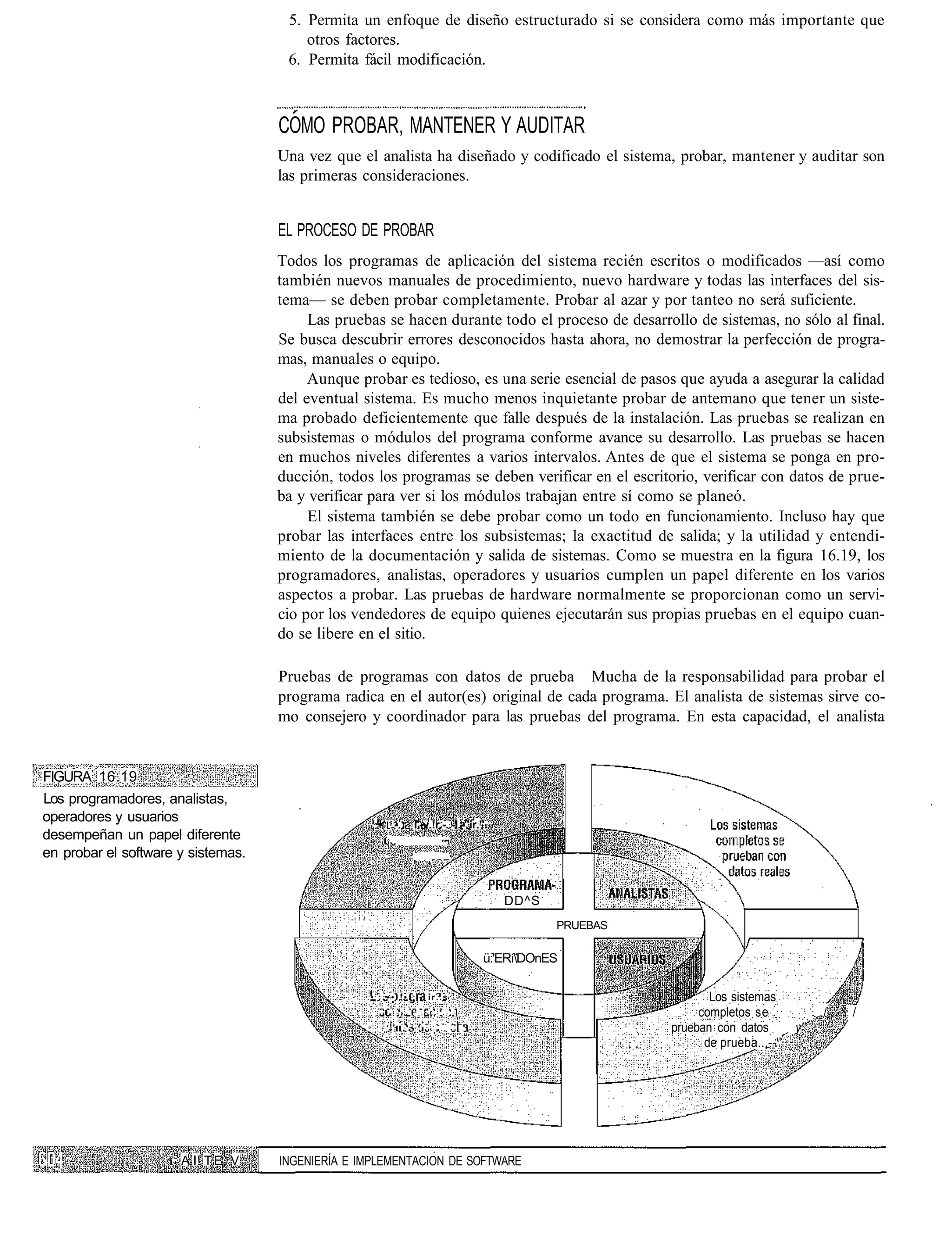 5. Permita un enfoque de diseño estructurado si se considera como más importante que
                                          otros factores.
                                       6. Permita fácil modificación.



                                      COMO PROBAR, MANTENER Y AUDITAR
                                      Una vez que el analista ha diseñado y codificado el sistema, probar, mantener y auditar son
                                      las primeras consideraciones.


                                      EL PROCESO DE PROBAR
                                      Todos los programas de aplicación del sistema recién escritos o modificados —así como
                                      también nuevos manuales de procedimiento, nuevo hardware y todas las interfaces del sis-
                                      tema— se deben probar completamente. Probar al azar y por tanteo no será suficiente.
                                           Las pruebas se hacen durante todo el proceso de desarrollo de sistemas, no sólo al final.
                                      Se busca descubrir errores desconocidos hasta ahora, no demostrar la perfección de progra-
                                      mas, manuales o equipo.
                                           Aunque probar es tedioso, es una serie esencial de pasos que ayuda a asegurar la calidad
                                      del eventual sistema. Es mucho menos inquietante probar de antemano que tener un siste-
                                      ma probado deficientemente que falle después de la instalación. Las pruebas se realizan en
                                      subsistemas o módulos del programa conforme avance su desarrollo. Las pruebas se hacen
                                      en muchos niveles diferentes a varios intervalos. Antes de que el sistema se ponga en pro-
                                      ducción, todos los programas se deben verificar en el escritorio, verificar con datos de prue-
                                      ba y verificar para ver si los módulos trabajan entre sí como se planeó.
                                           El sistema también se debe probar como un todo en funcionamiento. Incluso hay que
                                      probar las interfaces entre los subsistemas; la exactitud de salida; y la utilidad y entendi-
                                      miento de la documentación y salida de sistemas. Como se muestra en la figura 16.19, los
                                      programadores, analistas, operadores y usuarios cumplen un papel diferente en los varios
                                      aspectos a probar. Las pruebas de hardware normalmente se proporcionan como un servi-
                                      cio por los vendedores de equipo quienes ejecutarán sus propias pruebas en el equipo cuan-
                                      do se libere en el sitio.

                                      Pruebas de programas con datos de prueba Mucha de la responsabilidad para probar el
                                      programa radica en el autor(es) original de cada programa. El analista de sistemas sirve co-
                                      mo consejero y coordinador para las pruebas del programa. En esta capacidad, el analista


FIGURA 16.19
Los programadores, analistas,
operadores y usuarios                                '• .-.: i'-v.!r.-..-l.-"ir.".
desempeñan un papel diferente
en probar el software y sistemas.


                                                                                                          DD^S
                                                                                                                  PRUEBAS

                                                                                                       ü:'ERíDOnES

                                                    • ::••!!•::                   ir..s                                            Los sistemas
                                                      -    •   ! • • ! .    . ! : • • •      • / • :                             completos se              ,/   /
                                                          ."."•:.•         .'••   I - I i | - -   :.                        prueban con datos        y''
                                                                                                                                  de prueba..,--''




                    15
                         A I! T E V   INGENIERÍA E IMPLEMENTACION DE SOFTWARE
 