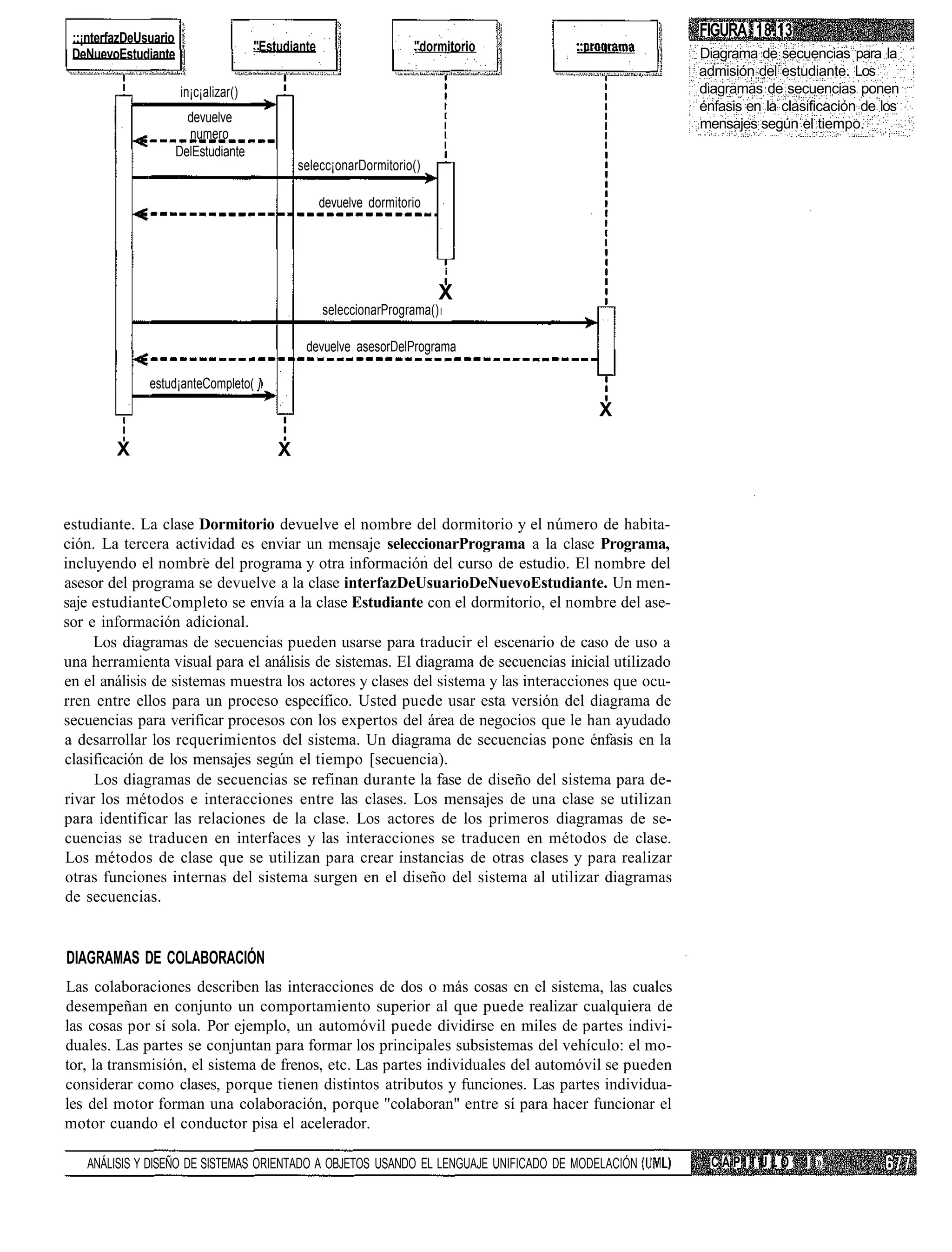 ::¡nterfazDeUsuario                                                                               FIGURA 18.13
                                       "Estudiante                    "dormitorio                  Diagrama de secuencias para la
 DeNuevoEstudiante
                                                                                                   admisión del estudiante. Los
                       in¡c¡alizar()                                                               diagramas de secuencias ponen
                                                                                                   énfasis en la clasificación de los
                         devuelve                                                                  mensajes según el tiempo.
                         numero
                       DelEstudiante
                                               selecc¡onarDormitorio()

                                                     devuelve dormitorio



                                                                             i

                                                                           X
                                                     seleccionarPrograma()

                                                devuelve asesorDelPrograma

               estud¡anteCompleto( ]
                                                                                        X

         X                                 X


estudiante. La clase Dormitorio devuelve el nombre del dormitorio y el número de habita-
ción. La tercera actividad es enviar un mensaje seleccionarPrograma a la clase Programa,
incluyendo el nombre del programa y otra información del curso de estudio. El nombre del
asesor del programa se devuelve a la clase interfazDeUsuarioDeNuevoEstudiante. Un men-
saje estudianteCompleto se envía a la clase Estudiante con el dormitorio, el nombre del ase-
sor e información adicional.
     Los diagramas de secuencias pueden usarse para traducir el escenario de caso de uso a
una herramienta visual para el análisis de sistemas. El diagrama de secuencias inicial utilizado
en el análisis de sistemas muestra los actores y clases del sistema y las interacciones que ocu-
rren entre ellos para un proceso específico. Usted puede usar esta versión del diagrama de
secuencias para verificar procesos con los expertos del área de negocios que le han ayudado
a desarrollar los requerimientos del sistema. Un diagrama de secuencias pone énfasis en la
clasificación de los mensajes según el tiempo [secuencia).
     Los diagramas de secuencias se refinan durante la fase de diseño del sistema para de-
rivar los métodos e interacciones entre las clases. Los mensajes de una clase se utilizan
para identificar las relaciones de la clase. Los actores de los primeros diagramas de se-
cuencias se traducen en interfaces y las interacciones se traducen en métodos de clase.
Los métodos de clase que se utilizan para crear instancias de otras clases y para realizar
otras funciones internas del sistema surgen en el diseño del sistema al utilizar diagramas
de secuencias.


DIAGRAMAS DE COLABORACIÓN
Las colaboraciones describen las interacciones de dos o más cosas en el sistema, las cuales
desempeñan en conjunto un comportamiento superior al que puede realizar cualquiera de
las cosas por sí sola. Por ejemplo, un automóvil puede dividirse en miles de partes indivi-
duales. Las partes se conjuntan para formar los principales subsistemas del vehículo: el mo-
tor, la transmisión, el sistema de frenos, etc. Las partes individuales del automóvil se pueden
considerar como clases, porque tienen distintos atributos y funciones. Las partes individua-
les del motor forman una colaboración, porque "colaboran" entre sí para hacer funcionar el
motor cuando el conductor pisa el acelerador.

   ANÁLISIS Y DISEÑO DE SISTEMAS ORIENTADO A OBJETOS USANDO EL LENGUAJE UNIFICADO DE MODELACIÓN      CAPITULO 1 »
 
