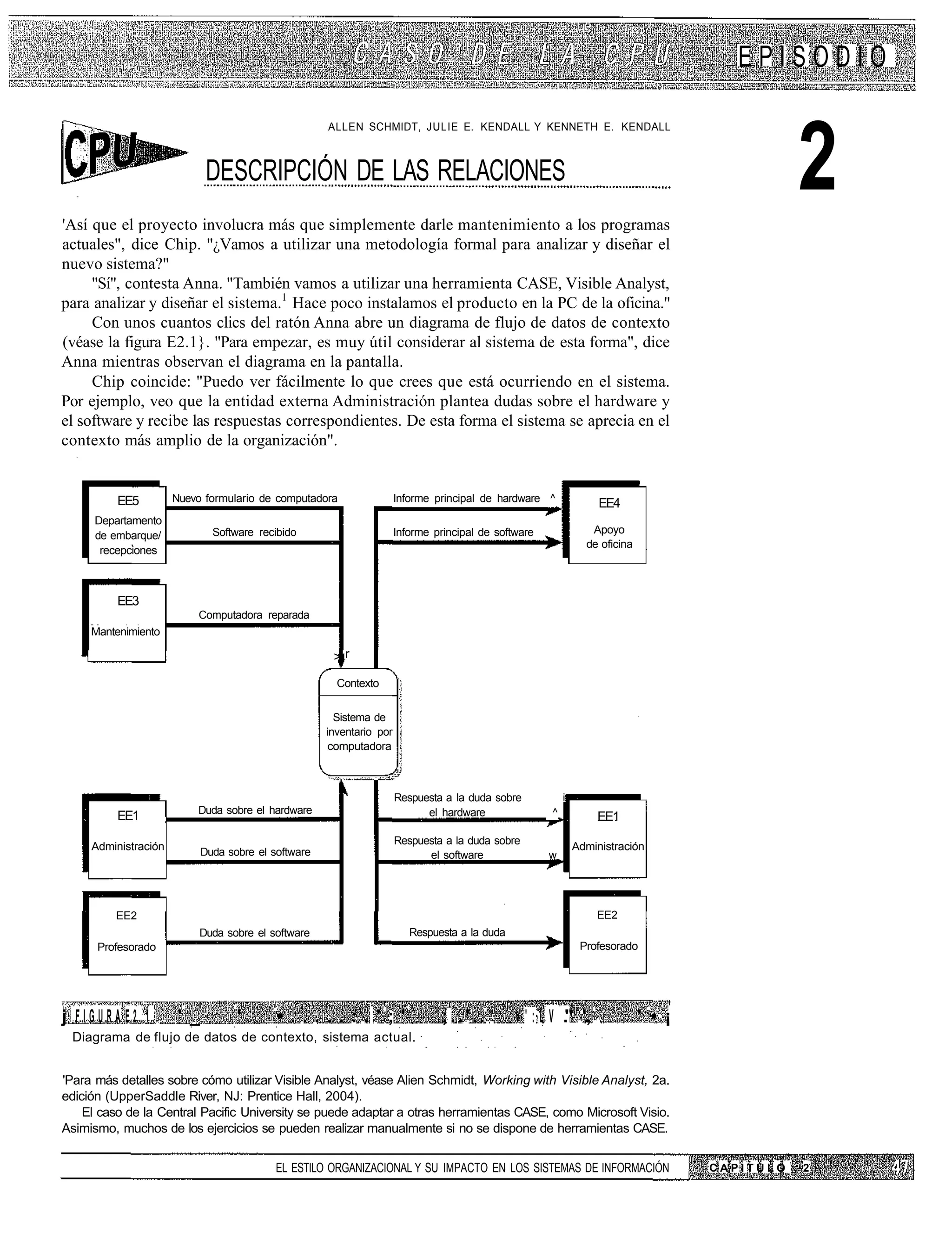 EPISODIO



                                                                                                                                                 2
                                                      ALLEN SCHMIDT, JULIE E. KENDALL Y KENNETH E. KENDALL



                              DESCRIPCIÓN DE LAS RELACIONES
'Así que el proyecto involucra más que simplemente darle mantenimiento a los programas
actuales", dice Chip. "¿Vamos a utilizar una metodología formal para analizar y diseñar el
nuevo sistema?"
     "Sí", contesta Anna. "También vamos a utilizar una herramienta CASE, Visible Analyst,
para analizar y diseñar el sistema.1 Hace poco instalamos el producto en la PC de la oficina."
     Con unos cuantos clics del ratón Anna abre un diagrama de flujo de datos de contexto
(véase la figura E2.1}. "Para empezar, es muy útil considerar al sistema de esta forma", dice
Anna mientras observan el diagrama en la pantalla.
     Chip coincide: "Puedo ver fácilmente lo que crees que está ocurriendo en el sistema.
Por ejemplo, veo que la entidad externa Administración plantea dudas sobre el hardware y
el software y recibe las respuestas correspondientes. De esta forma el sistema se aprecia en el
contexto más amplio de la organización".


          EE5         Nuevo formulario de computadora                  Informe principal de hardware ^              EE4
     Departamento
                               Software recibido                       Informe principal de software              Apoyo
     de embarque/
                                                                                                                 de oficina
      recepciones



          EE3
                          Computadora reparada
     Mantenimiento

                                                       >r
                                                        Contexto


                                                        Sistema de
                                                      inventario por
                                                       computadora



                                                                       Respuesta a la duda sobre           i
                          Duda sobre el hardware                             el hardware               ^
          EE1                                                                                                      EE1
                                                                       Respuesta a la duda sobre
     Administración          Duda sobre el software                                                            Administración
                                                                             el software               w




         EE2                                                                                                       EE2
                           Duda sobre el software                         Respuesta a la duda
      Profesorado                                                                                               Profesorado




j FIGURA E2.1.         ' _          '       •.....:.';'                          ;..'..         V ' : L V ." '.,              ' • ¡
 Diagrama de flujo de datos de contexto, sistema actual.


'Para más detalles sobre cómo utilizar Visible Analyst, véase Alien Schmidt, Working with Visible Analyst, 2a.
edición (UpperSaddle River, NJ: Prentice Hall, 2004).
    El caso de la Central Pacific University se puede adaptar a otras herramientas CASE, como Microsoft Visio.
Asimismo, muchos de los ejercicios se pueden realizar manualmente si no se dispone de herramientas CASE.


                                            EL ESTILO ORGANIZACIONAL Y SU IMPACTO EN LOS SISTEMAS DE INFORMACIÓN                      CAPITULO   2
 