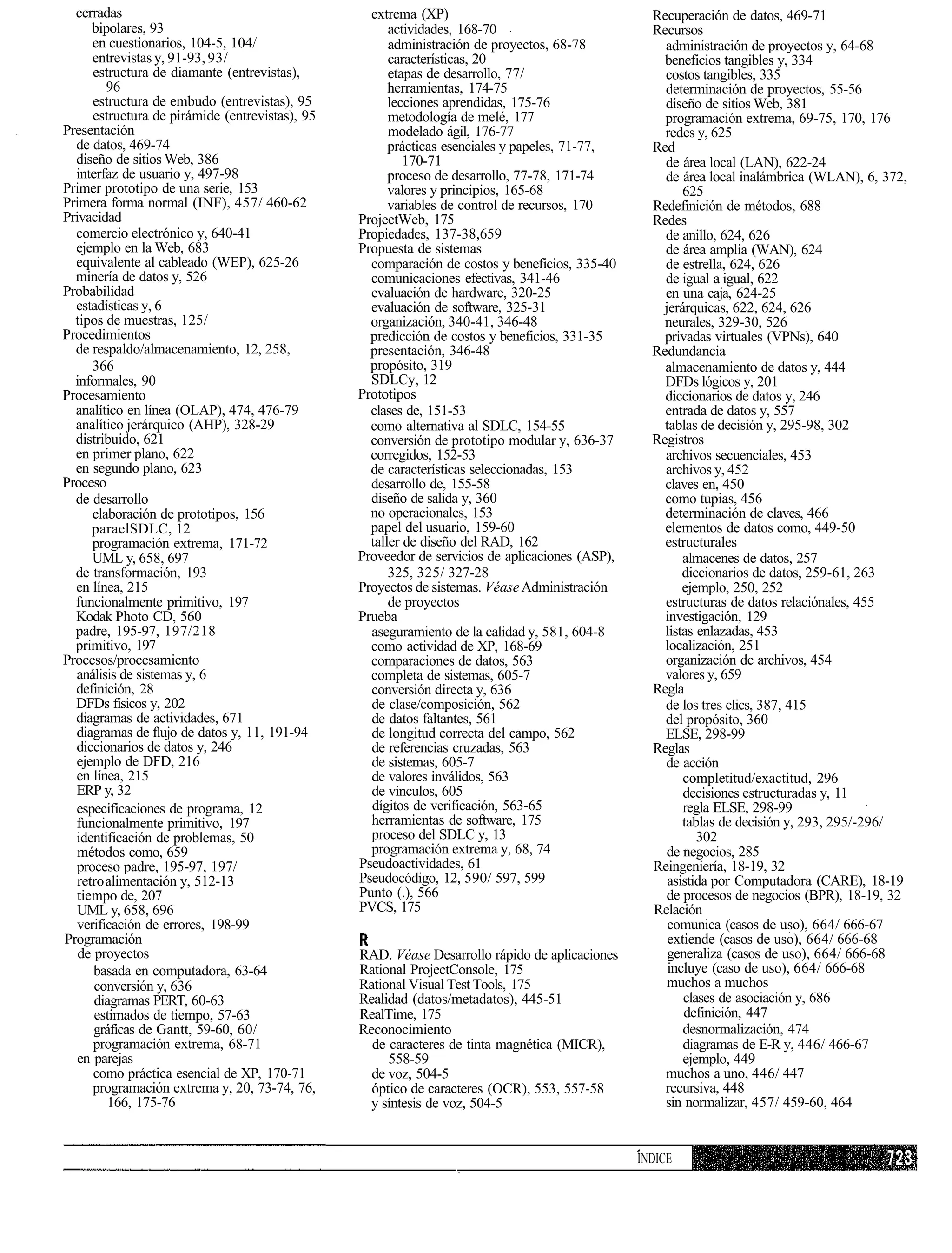 cerradas                                         extrema (XP)                                    Recuperación de datos, 469-71
      bipolares, 93                                    actividades, 168-70                         Recursos
      en cuestionarios, 104-5, 104/                    administración de proyectos, 68-78            administración de proyectos y, 64-68
      entrevistas y, 91-93, 93/                        características, 20                           beneficios tangibles y, 334
      estructura de diamante (entrevistas),            etapas de desarrollo, 77/                     costos tangibles, 335
         96                                            herramientas, 174-75                          determinación de proyectos, 55-56
      estructura de embudo (entrevistas), 95           lecciones aprendidas, 175-76                  diseño de sitios Web, 381
      estructura de pirámide (entrevistas), 95         metodología de melé, 177                      programación extrema, 69-75, 170, 176
Presentación                                           modelado ágil, 176-77                         redes y, 625
  de datos, 469-74                                     prácticas esenciales y papeles, 71-77,      Red
  diseño de sitios Web, 386                               170-71                                     de área local (LAN), 622-24
  interfaz de usuario y, 497-98                        proceso de desarrollo, 77-78, 171-74          de área local inalámbrica (WLAN), 6, 372,
Primer prototipo de una serie, 153                     valores y principios, 165-68                      625
Primera forma normal (INF), 457/ 460-62                variables de control de recursos, 170       Redefinición de métodos, 688
Privacidad                                       ProjectWeb, 175                                   Redes
  comercio electrónico y, 640-41                 Propiedades, 137-38,659                             de anillo, 624, 626
  ejemplo en la Web, 683                         Propuesta de sistemas                               de área amplia (WAN), 624
  equivalente al cableado (WEP), 625-26            comparación de costos y beneficios, 335-40        de estrella, 624, 626
  minería de datos y, 526                          comunicaciones efectivas, 341-46                  de igual a igual, 622
Probabilidad                                       evaluación de hardware, 320-25                    en una caja, 624-25
  estadísticas y, 6                                evaluación de software, 325-31                    jerárquicas, 622, 624, 626
  tipos de muestras, 125/                          organización, 340-41, 346-48                      neurales, 329-30, 526
Procedimientos                                     predicción de costos y beneficios, 331-35         privadas virtuales (VPNs), 640
  de respaldo/almacenamiento, 12, 258,             presentación, 346-48                            Redundancia
      366                                          propósito, 319                                    almacenamiento de datos y, 444
  informales, 90                                   SDLCy, 12                                         DFDs lógicos y, 201
Procesamiento                                    Prototipos                                          diccionarios de datos y, 246
  analítico en línea (OLAP), 474, 476-79           clases de, 151-53                                 entrada de datos y, 557
  analítico jerárquico (AHP), 328-29               como alternativa al SDLC, 154-55                  tablas de decisión y, 295-98, 302
  distribuido, 621                                 conversión de prototipo modular y, 636-37       Registros
  en primer plano, 622                             corregidos, 152-53                                archivos secuenciales, 453
  en segundo plano, 623                            de características seleccionadas, 153             archivos y, 452
Proceso                                            desarrollo de, 155-58                             claves en, 450
  de desarrollo                                    diseño de salida y, 360                           como tupias, 456
      elaboración de prototipos, 156               no operacionales, 153                             determinación de claves, 466
      paraelSDLC, 12                               papel del usuario, 159-60                         elementos de datos como, 449-50
      programación extrema, 171-72                 taller de diseño del RAD, 162                     estructurales
      UML y, 658, 697                            Proveedor de servicios de aplicaciones (ASP),           almacenes de datos, 257
  de transformación, 193                               325, 325/ 327-28                                  diccionarios de datos, 259-61, 263
  en línea, 215                                  Proyectos de sistemas. Véase Administración             ejemplo, 250, 252
  funcionalmente primitivo, 197                        de proyectos                                  estructuras de datos relaciónales, 455
  Kodak Photo CD, 560                            Prueba                                              investigación, 129
  padre, 195-97, 197/218                           aseguramiento de la calidad y, 581, 604-8         listas enlazadas, 453
  primitivo, 197                                   como actividad de XP, 168-69                      localización, 251
Procesos/procesamiento                             comparaciones de datos, 563                       organización de archivos, 454
  análisis de sistemas y, 6                        completa de sistemas, 605-7                       valores y, 659
  definición, 28                                   conversión directa y, 636                       Regla
  DFDs físicos y, 202                              de clase/composición, 562                         de los tres clics, 387, 415
  diagramas de actividades, 671                    de datos faltantes, 561                           del propósito, 360
  diagramas de flujo de datos y, 11, 191-94        de longitud correcta del campo, 562               ELSE, 298-99
  diccionarios de datos y, 246                     de referencias cruzadas, 563                    Reglas
  ejemplo de DFD, 216                              de sistemas, 605-7                                de acción
  en línea, 215                                    de valores inválidos, 563                             completitud/exactitud, 296
  ERP y, 32                                        de vínculos, 605                                      decisiones estructuradas y, 11
  especificaciones de programa, 12                 dígitos de verificación, 563-65                       regla ELSE, 298-99
  funcionalmente primitivo, 197                    herramientas de software, 175                         tablas de decisión y, 293, 295/-296/
  identificación de problemas, 50                  proceso del SDLC y, 13                                   302
   métodos como, 659                               programación extrema y, 68, 74                     de negocios, 285
   proceso padre, 195-97, 197/                   Pseudoactividades, 61                             Reingeniería, 18-19, 32
   retro alimentación y, 512-13                  Pseudocódigo, 12, 590/ 597, 599                      asistida por Computadora (CARE), 18-19
   tiempo de, 207                                Punto (.), 566                                       de procesos de negocios (BPR), 18-19, 32
   UML y, 658, 696                               PVCS, 175                                         Relación
   verificación de errores, 198-99                                                                    comunica (casos de uso), 664/ 666-67
Programación                                                                                          extiende (casos de uso), 664/ 666-68
   de proyectos                                  RAD. Véase Desarrollo rápido de aplicaciones         generaliza (casos de uso), 664/ 666-68
      basada en computadora, 63-64               Rational ProjectConsole, 175                         incluye (caso de uso), 664/ 666-68
      conversión y, 636                          Rational Visual Test Tools, 175                      muchos a muchos
      diagramas PERT, 60-63                      Realidad (datos/metadatos), 445-51                      clases de asociación y, 686
      estimados de tiempo, 57-63                 RealTime, 175                                           definición, 447
      gráficas de Gantt, 59-60, 60/              Reconocimiento                                          desnormalización, 474
      programación extrema, 68-71                  de caracteres de tinta magnética (MICR),              diagramas de E-R y, 446/ 466-67
   en parejas                                         558-59                                             ejemplo, 449
      como práctica esencial de XP, 170-71         de voz, 504-5                                     muchos a uno, 446/ 447
      programación extrema y, 20, 73-74, 76,       óptico de caracteres (OCR), 553, 557-58           recursiva, 448
         166, 175-76                              y síntesis de voz, 504-5                           sin normalizar, 457/ 459-60, 464


                                                                                                 ÍNDICE
 