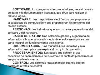 SOFTWARE. Los programas de computadoras, las estructuras
de datos y la documentación asociada, que sirve para realizar el
método lógico.
HARDWARE: Los dispositivos electrónicos que proporcionan
la capacidad de computación y que proporcionan las funciones del
mundo exterior.
PERSONAS: Los individuos que son usuarios y operadores del
software y del hardware.
BASES DE DATOS: Una colección grande y organizada de
información a la que se accede mediante el software y que es una
parte integral del funcionamiento del sistema.
DOCUMENTACION: Los manuales, los impresos y otra
información descriptiva que explica el uso y / o la operación.
PROCESAMIENTOS: Los pasos que definen el uso
especifico de cada elemento del sistema o el contexto procedimental
en que reside el sistema.
CONTROL: Los sistemas trabajan mejor cuando operan
dentro de niveles de control
 