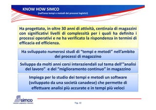 KNOW HOW SIMCO
          (nell’area tempi e metodi dei processi logistici) 




Ha progettato, in oltre 30 anni di attività, centinaia di magazzini
    p g        ,                           ,                g
con significativi livelli di complessità per i quali ha definito i
processi operativi e ne ha verificato la rispondenza in termini di
efficacia ed efficienza
             efficienza.
 Ha sviluppato numerosi studi di “tempi e metodi” nell’ambito 
                  dei processi di magazzino
                  d i        i di       i
Sviluppa da molti anni corsi interaziendali sul tema dell’”analisi 
   del lavoro”  e del “miglioramento continuo” in magazzino
   d ll      ” d l “ i li                 i     ”i         i
     Impiega per lo studio dei tempi e metodi un software 
     (sviluppato da una società canadese) che permette di 
       effettuare analisi più accurate e in tempi più veloci


                                              Pag. 10
 