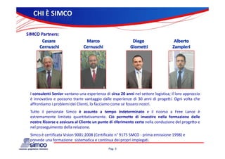 CHI È SIMCO

SIMCO Partners:




 I consulenti Senior vantano una esperienza di circa 20 anni nel settore logistica; il loro approccio
 èi innovativo e possono trarre vantaggio d ll esperienze di 30 anni di progetti. O i volta che
           i                               i dalle     i                 i         i Ogni l       h
 affrontiamo i problemi dei Clienti, lo facciamo come se fossero nostri.
 Tutto il personale Simco è assunto a tempo indeterminato e il ricorso a Free Lance è
 estremamente li i
                 limitato quantitativamente. Ciò permette di i
                                 i i                             investire nella f
                                                                        i     ll formazione d ll
                                                                                         i    delle
 nostre Risorse e assicura al Cliente un punto di riferimento certo nella conduzione del progetto e
 nel proseguimento della relazione.
 Simco è certificata Vision 9001:2008 (Certificato n° 9175 SMCO prima emissione 1998) e 
 Si    è     ifi     Vi i 9001 2008 (C ifi          ° 9175 SMCO ‐ i     i i     1998)
 prevede una formazione  sistematica e continua dei propri impiegati.
                                               Pag. 3
 