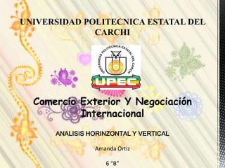 UNIVERSIDAD POLITECNICA ESTATAL DEL
              CARCHI




  Comercio Exterior Y Negociación
           Internacional
      ANALISIS HORINZONTAL Y VERTICAL

                Amanda Ortiz

                   6 “B”
 