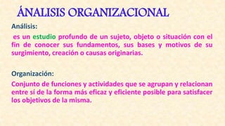 ÁNALISIS ORGANIZACIONAL
Análisis:
es un estudio profundo de un sujeto, objeto o situación con el
fin de conocer sus fundamentos, sus bases y motivos de su
surgimiento, creación o causas originarias.
Organización:
Conjunto de funciones y actividades que se agrupan y relacionan
entre sí de la forma más eficaz y eficiente posible para satisfacer
los objetivos de la misma.
 