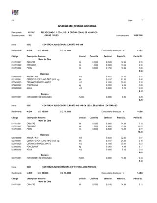 S10 Página : 1
Análisis de precios unitarios
Presupuesto 5017007 REFACCION DEL LOCAL DE LA OFICINA ZONAL DE HUANUCO
Subpre...