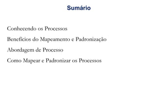 Sumário
Conhecendo os Processos
Benefícios do Mapeamento e Padronização
Abordagem de Processo
Como Mapear e Padronizar os Processos
 