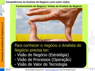 Competências do Analista de Negócio (uma outra visão):
                                                   Conhecimento do Negócio: Visões do Analista de Negócio
Formação de Analista de Negócio 3.0 ®




                                                   Para conhecer o negócio o Analista de
                                                   Negócio precisa ter:
                                                   - Visão de Negócio (Estratégia)
                                                   - Visão de Processos (Operação)
                                                   - Visão de Valor de Tecnologia
                                        AN V 3.0          rildo.santos@etecnologia.com.br | www.etecnologia.com.br | http://etecnologia.ning.com   14
 