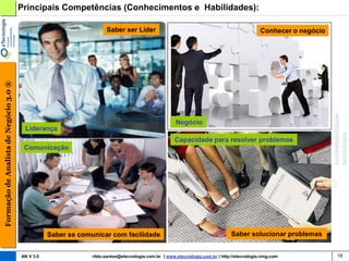 Principais Competências (Conhecimentos e Habilidades):

                                                                      Saber ser Líder                                                        Conhecer o negócio
Formação de Analista de Negócio 3.0 ®




                                                                                                      Negócio
                                         Liderança
                                                                                                      Capacidade para resolver problemas
                                         Comunicação




                                                   Saber se comunicar com facilidade                                            Saber solucionar problemas


                                        AN V 3.0                rildo.santos@etecnologia.com.br | www.etecnologia.com.br | http://etecnologia.ning.com            18
 