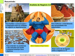 Resumindo:
                                                                                  Analista de Negócio 3.0
Formação de Analista de Negócio 3.0 ®




                                         Para facilitar a comunicação e                                                          Para melhorar o entendimento
                                         a integração entre as unidades                                                          das necessidades dos
                                         de negócio ou departamentos                                                             stakeholders




                                           Para entender os problemas               Alerta: Complexo de Super Homem
                                           e dar soluções que ajude
                                           a empresa alcançar seus                                                                Atuar como elo de ligação
                                           objetivos                                                                              entre o negócio e a TI

                                        AN V 3.0             rildo.santos@etecnologia.com.br | www.etecnologia.com.br | http://etecnologia.ning.com           19
 