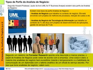 Tipos de Perfis do Analista de Negócio:
                                           Segundo Howard Podeswa (autor do livro UML for IT Business Analyst) existem dois perfis de Analista
                                           de Negócio:
                                                                        Existem dois tipos de perfis Analista de Negócio:
                                                                        - Analista de Negócio que trabalha no contexto de negócio. Ele está
                                                                        envolvido com projetos de melhoria de processos, redução de custos e etc

                                                                        - Analista de Negócio de Tecnologia da Informação que trabalha no
Formação de Analista de Negócio 3.0 ®




                                                                        contexto da TI, ele atua com projetos de desenvolvimento de aplicações,
                                                                        gestão de serviços de TI etc




                                        Segundo um relatório da Forrester Research aponta uma descrição e menos precisa, o
                                        papel de Analista de Negócio pode variar de acordo com a empresa. Uma coisa é clara: a
                                        maioria dos analistas de negócio bem-sucedidos mescla o temperamento e a habilidade de
                                        comunicação de um diplomata com o talento analítico de um oficial do serviço secreto. Por
                                        isso que bons analistas de negócio, valem ouro.
                                        AN V 3.0               rildo.santos@etecnologia.com.br | www.etecnologia.com.br | http://etecnologia.ning.com   8
 