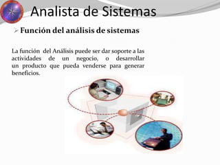 Función del análisis de sistemas
Analista de Sistemas
La función del Análisis puede ser dar soporte a las
actividades de un negocio, o desarrollar
un producto que pueda venderse para generar
beneficios.
 