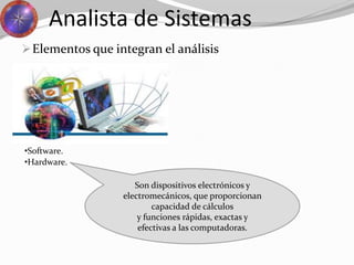 Analista de Sistemas
•Software.
•Hardware.
Son dispositivos electrónicos y
electromecánicos, que proporcionan
capacidad de cálculos
y funciones rápidas, exactas y
efectivas a las computadoras.
Elementos que integran el análisis
 