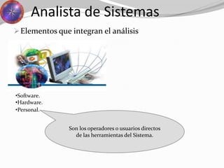 Analista de Sistemas
•Software.
•Hardware.
•Personal.
Son los operadores o usuarios directos
de las herramientas del Sistema.
Elementos que integran el análisis
 