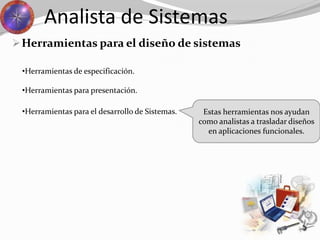 Herramientas para el diseño de sistemas
Analista de Sistemas
•Herramientas para el desarrollo de Sistemas. Estas herramientas nos ayudan
como analistas a trasladar diseños
en aplicaciones funcionales.
•Herramientas de especificación.
•Herramientas para presentación.
 