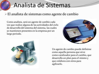 El analista de sistemas como agente de cambio
Analista de Sistemas
Como analista, será un agente de cambio cada
vez que realice alguna de las actividades del ciclo
de desarrollo del sistema del sistema, las cuales
se mantienen presentes en la empresa por un
largo periodo.
Un agente de cambio puede definirse
como aquella persona que sirve
como catalizador para el cambio, que
desarrolla un plan para el mismo y
que colabora con otros para
agilizarlo.
 