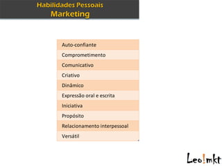 Auto-confiante
Comprometimento
Comunicativo
Criativo
Dinâmico
Expressão oral e escrita
Iniciativa
Propósito
Relacionamento interpessoal
Versátil
 