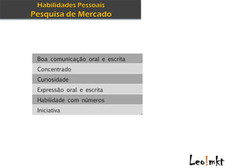 Boa comunicação oral e escrita
Concentrado
Curiosidade
Expressão oral e escrita
Habilidade com números
Iniciativa
 