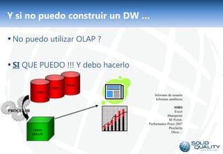 Y si no puedo construir un DW …

• No puedo utilizar OLAP ?

• SI QUE PUEDO !!! Y debo hacerlo
                          Otros
                    CRM
             ERP
                                          Informes de usuario
                                           Informes analíticos

                                                      SSRS
PROCESAR                                               Excel
                                                  Sharepoint
                                                   BI Portal,
                                      Performance Point 2007
                                                   Proclarity
            cubos
                                                    Otros…
           (SSAS)



                                  9
 