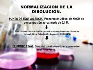 NORMALIZACIÓN DE LA
DISOLUCIÓN.
PUNTO DE EQUIVALENCIA: Preparación 250 ml de NaOH de
concentración aproximada de 0,1 M.
Para conocer con exactitud la concentración empleamos en disolución
patrón 0,1M de ftalato acido de potasio (KHC8H404)
EL PUNTO FINAL: Coincidirá con el momento en el que se de el
color Rosa Pálido.
 
