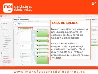 TASA DE SALIDA
Número de visitas que han salido
por una página concreta (no
confundir con tasa de rebote=
salida en la única página).
Es una metrica útil en la
comprobación de procesos y
embudos de conversión. No es
muy relevante en el resto de
procesos, aunque siempre hay que
“vigilarla”
B1
 